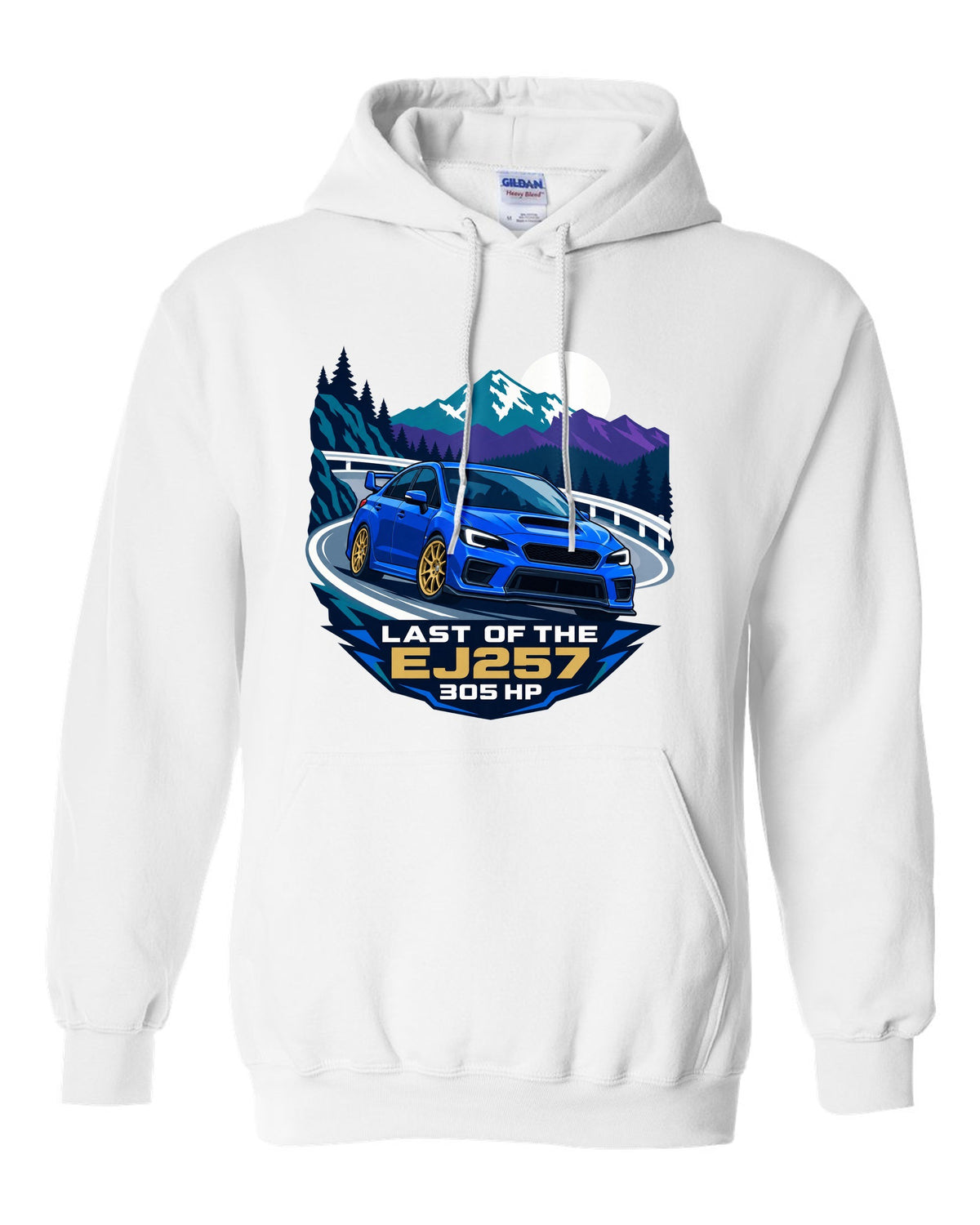 Flat vector minimalist Subaru WRX STI VAB on a hairpin corner white pull over hoodie front view with the design