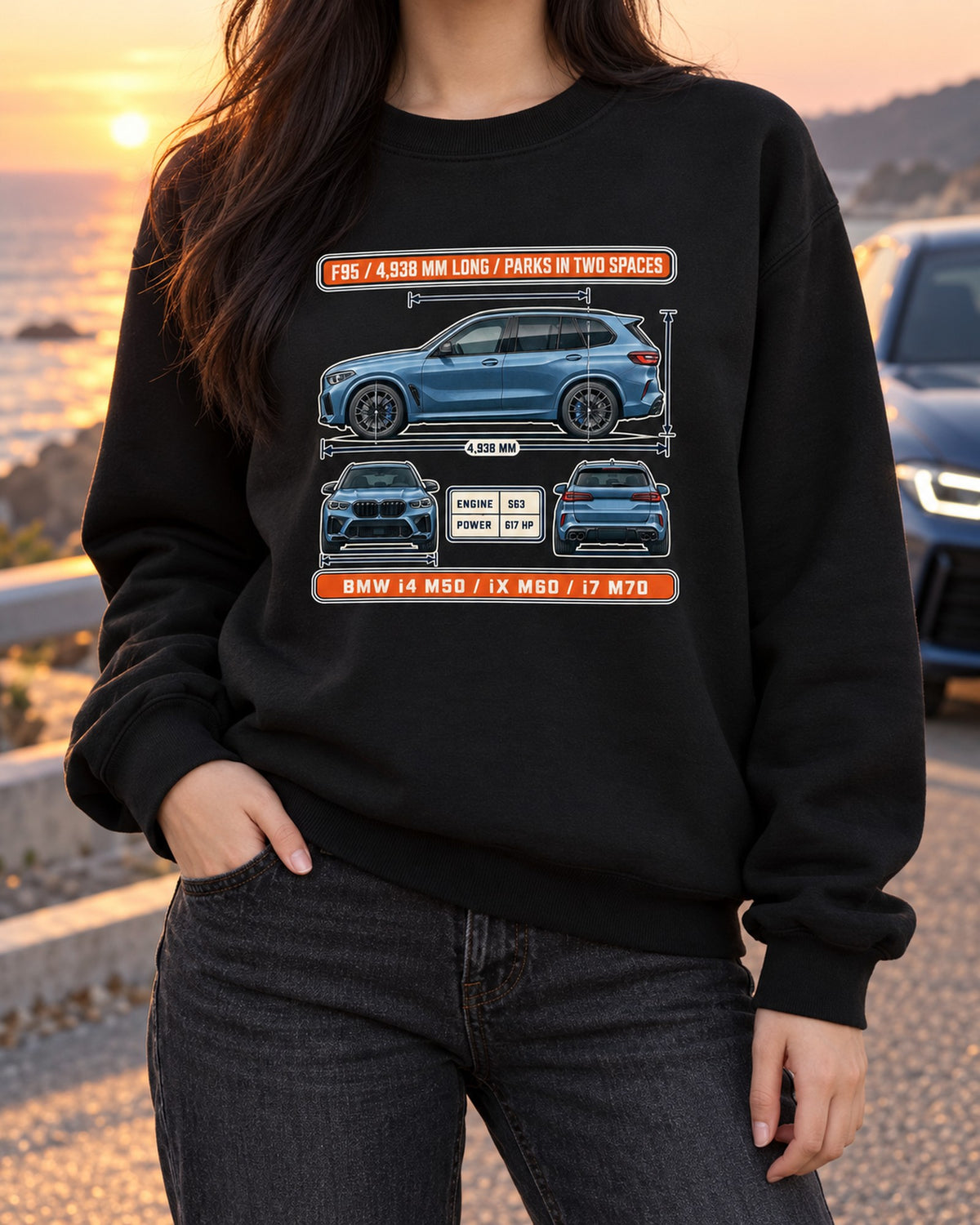 BMW X5 M Competition F95 Blueprint Tee, Car Enthusiast Gift Crewneck Black worn hero
