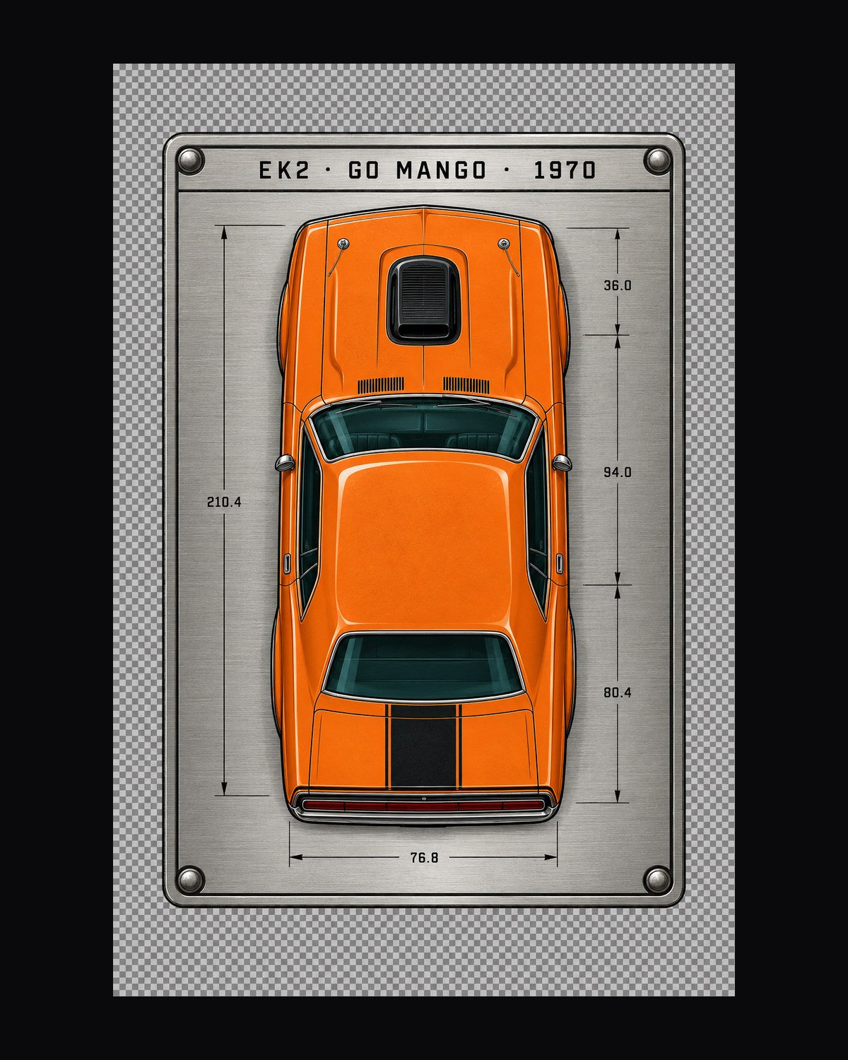 Go Mango 1970 Dodge Challenger R/T Spec Plate Overhead Tee design only