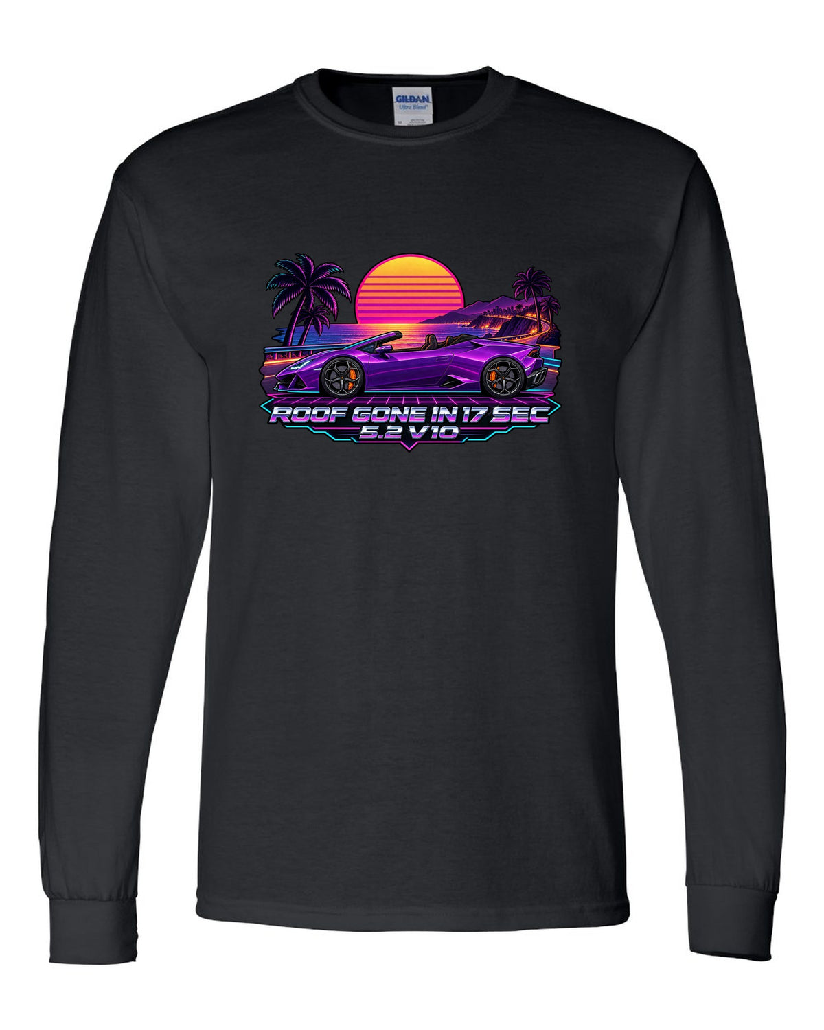 Synthwave outrun sunset grid with a Lamborghini Huracan Spyder LP610-4 and text ROOF GONE IN 17 SEC / 5.2 V10 black long sleeve front view with the design