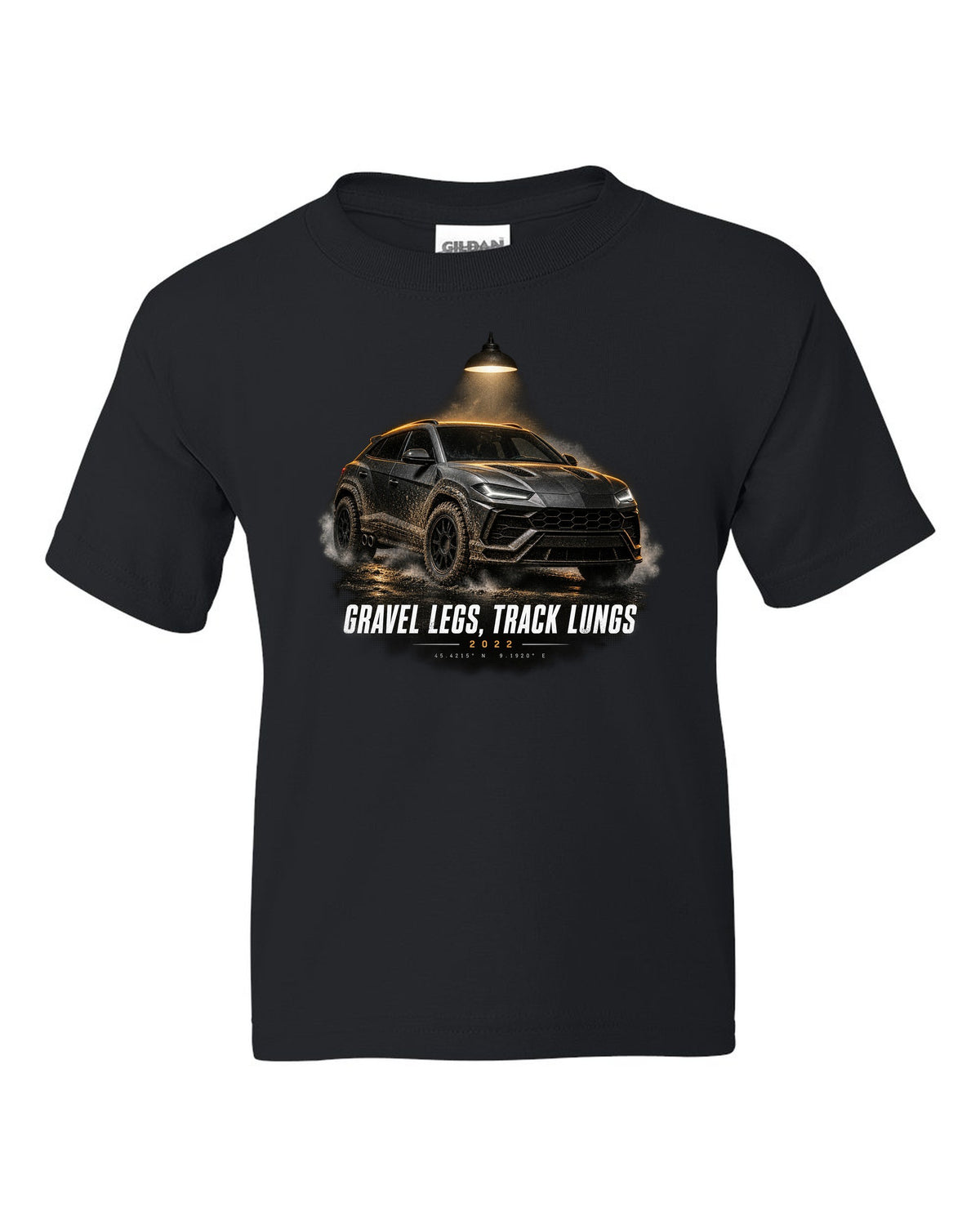 Lamborghini Urus Performante 2022 garage night print, gravel legs track lungs black kids tee front view with the design