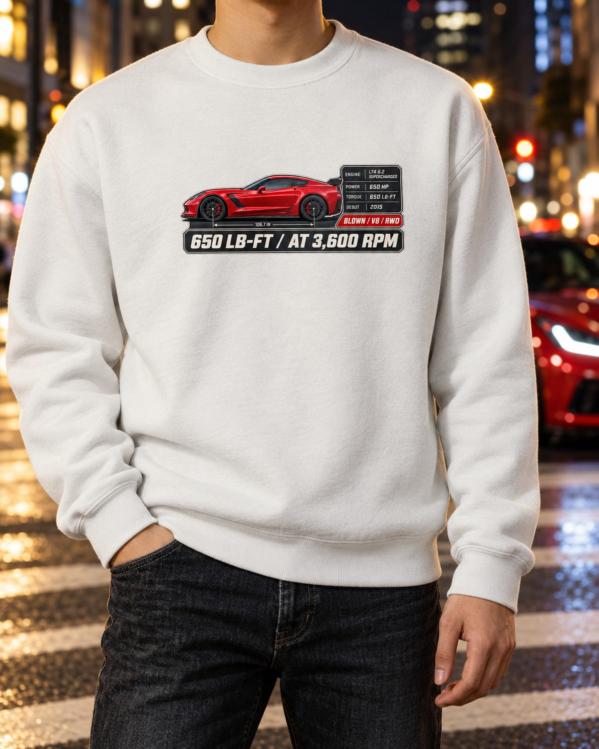 C7 Corvette Z06 Spec Poster Tee, 650 LB-FT Torque Car Shirt Crewneck White worn hero