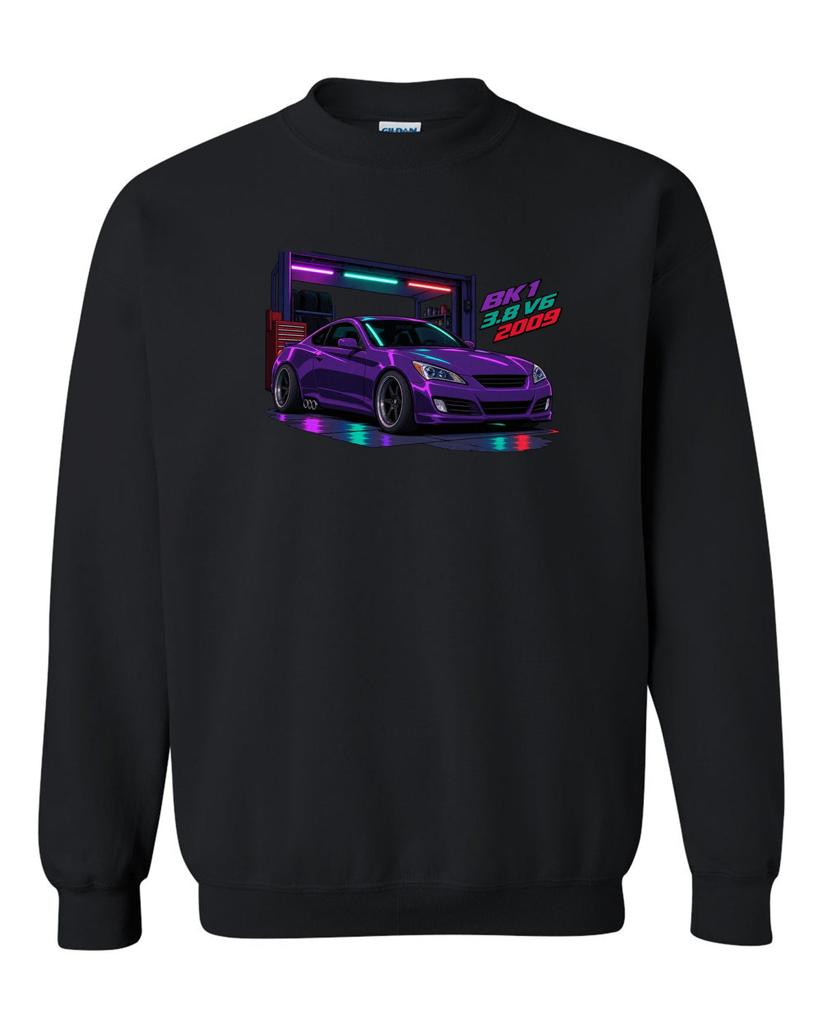 Cel-shaded anime print of a Hyundai Genesis Coupe BK1 in a garage with 3.8 V6 2009 text black crewneck front view with the design