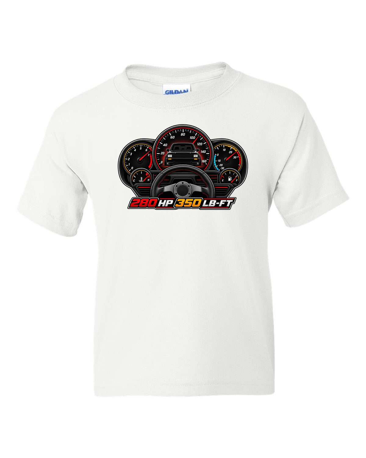 Gauge cluster HUD design for a 1991 GMC Syclone showing 280 HP and 350 LB-FT white kids tee front view with the design
