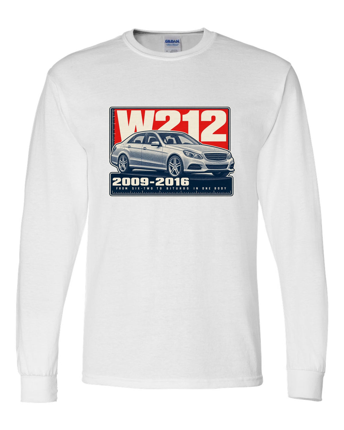Halftone print of a Mercedes-AMG E63 W212 sedan white long sleeve front view with the design