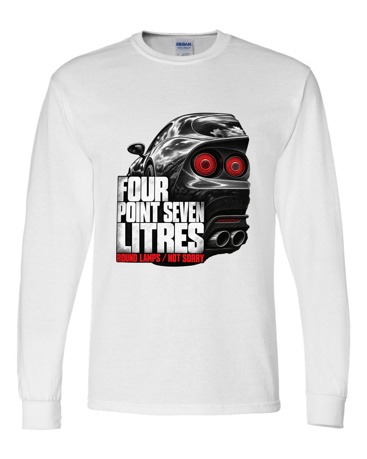 Tail lamp macro print of an Alfa Romeo 8C Competizione with four point seven litres text white long sleeve front view with the design