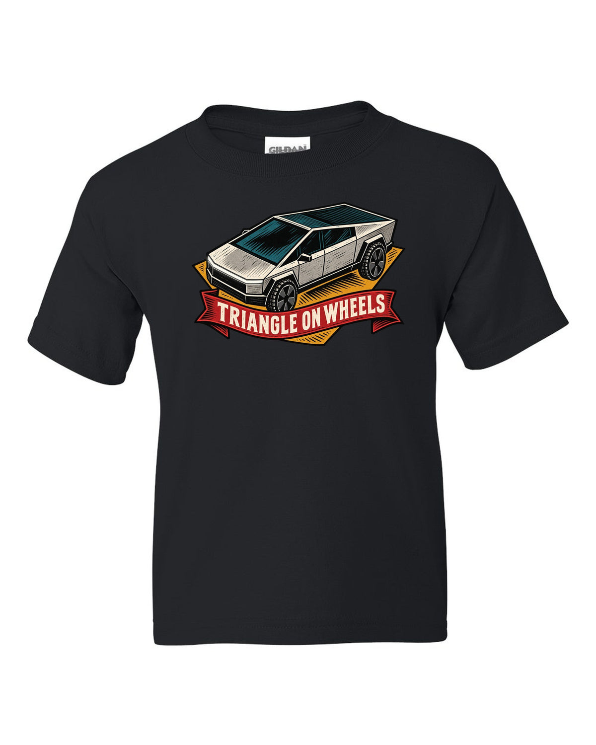 Bold linocut woodblock print of a 2023 Tesla Cybertruck with the words Triangle on Wheels black kids tee front view with the design
