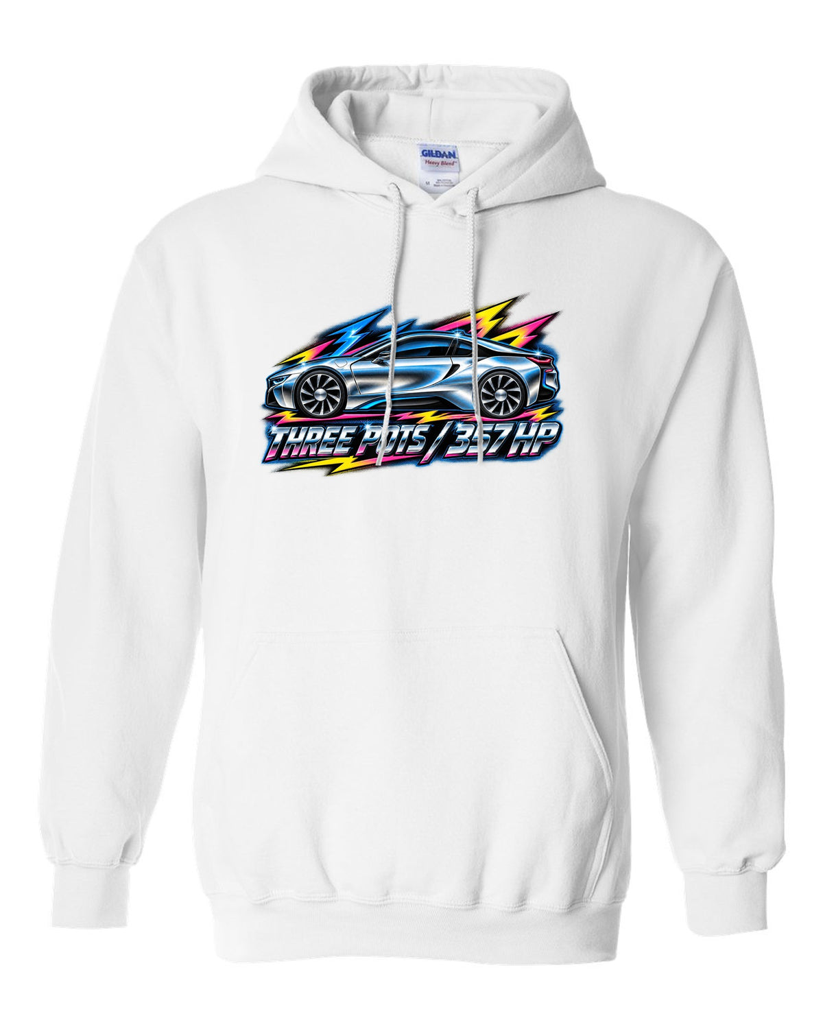 BMW i8 I12 80s airbrush chrome print with three pots 357 HP text white pull over hoodie front view with the design