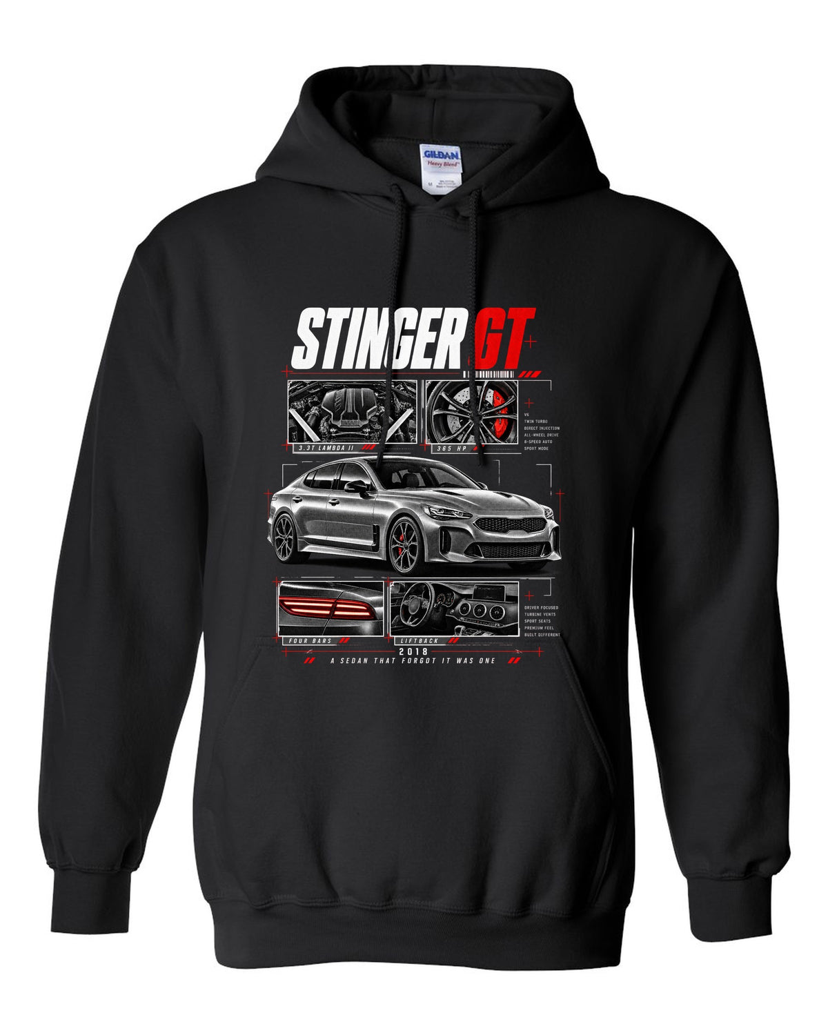 Kia Stinger GT dossier panels with 3.3T engine and liftback details black pull over hoodie front view with the design