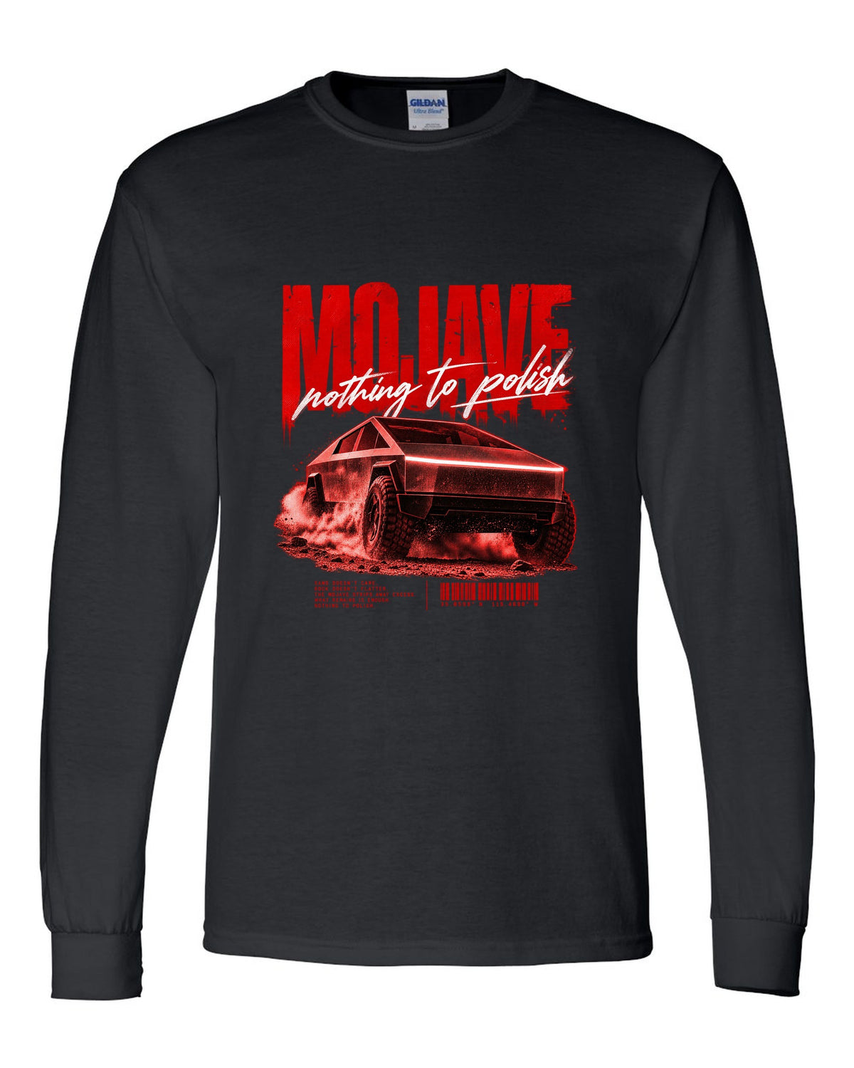 Tesla Cybertruck low front three-quarter on a Mojave desert road street poster black long sleeve front view with the design