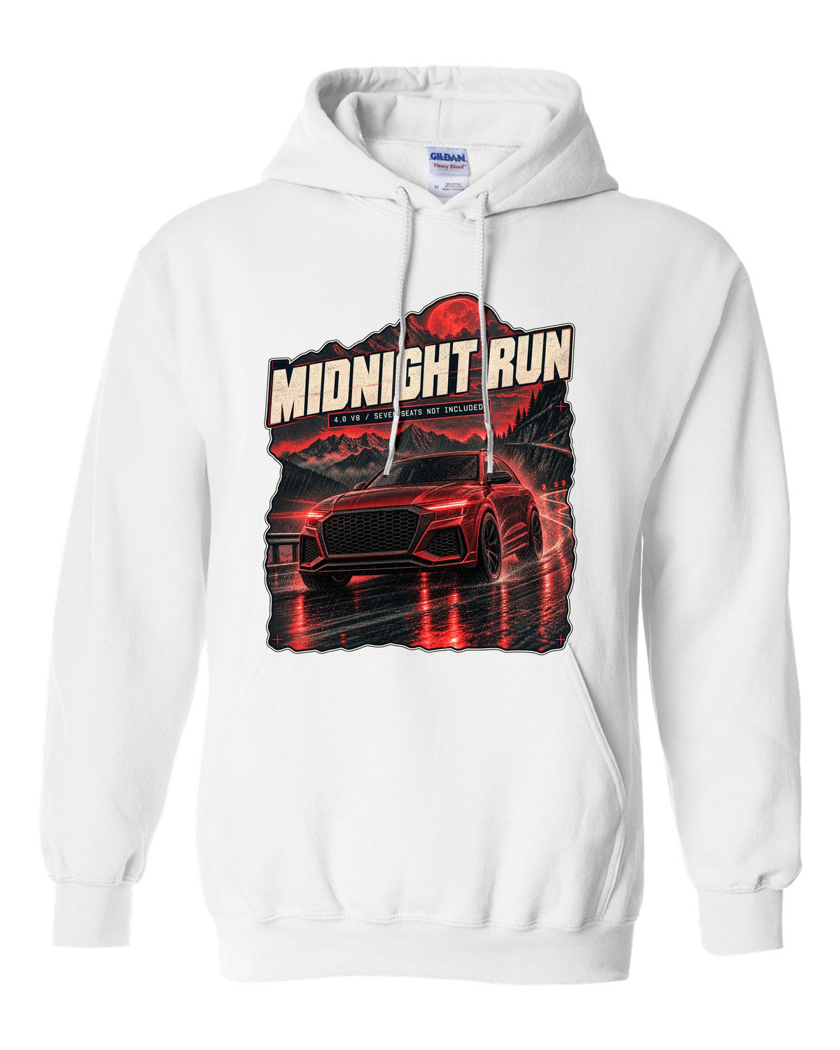Audi RS Q8 night street scene print with midnight run text white pull over hoodie front view with the design