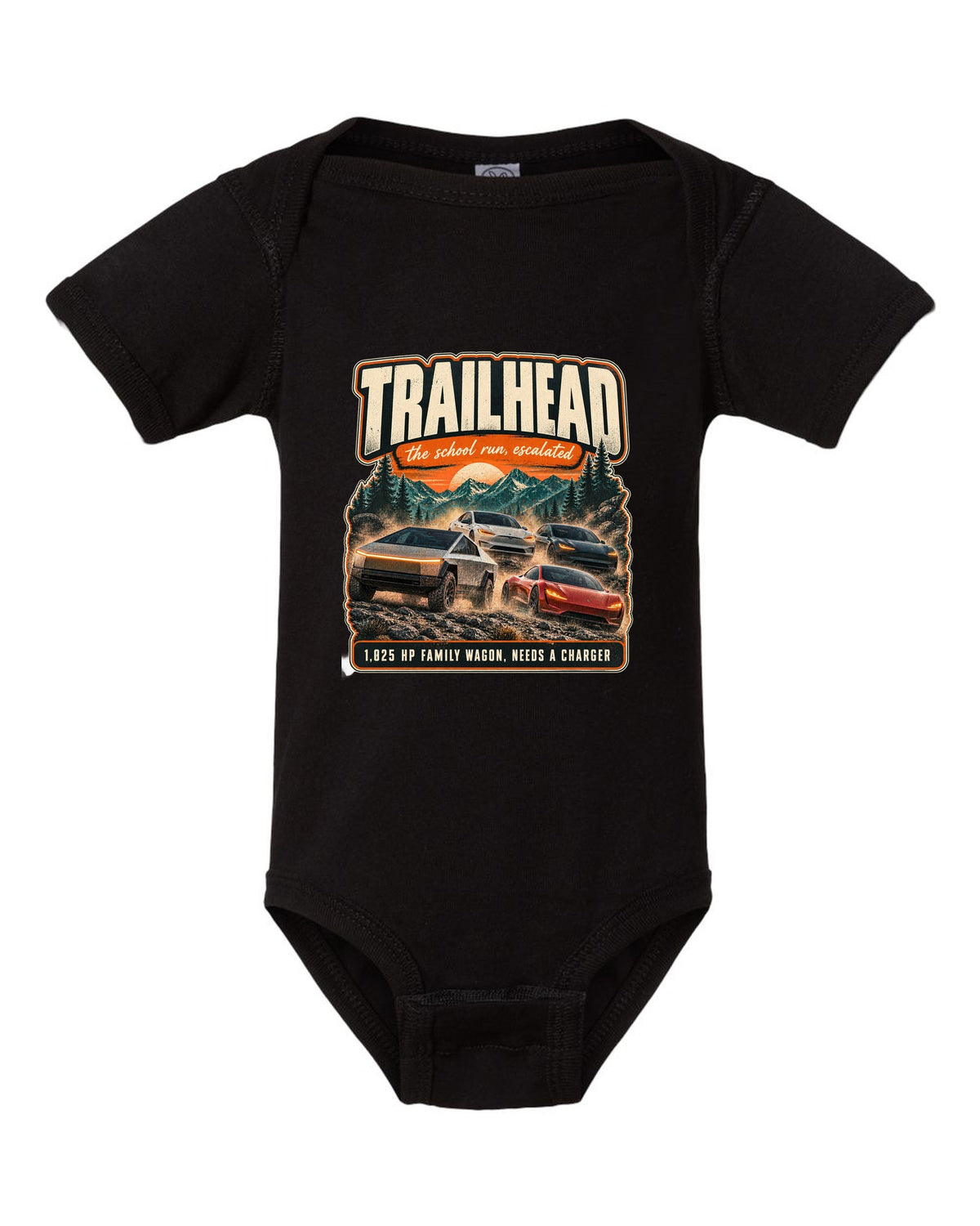 Street poster print of a Rivian R1S with trailhead and horsepower text black baby onesie front view with the design