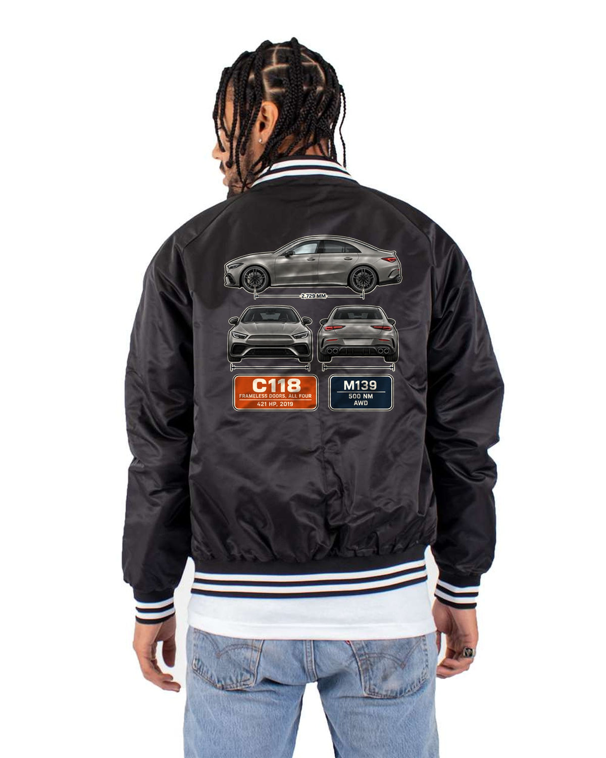 Mercedes-AMG CLA 45 S C118 Three-View Spec Poster Tee Bomber Jacket Black back