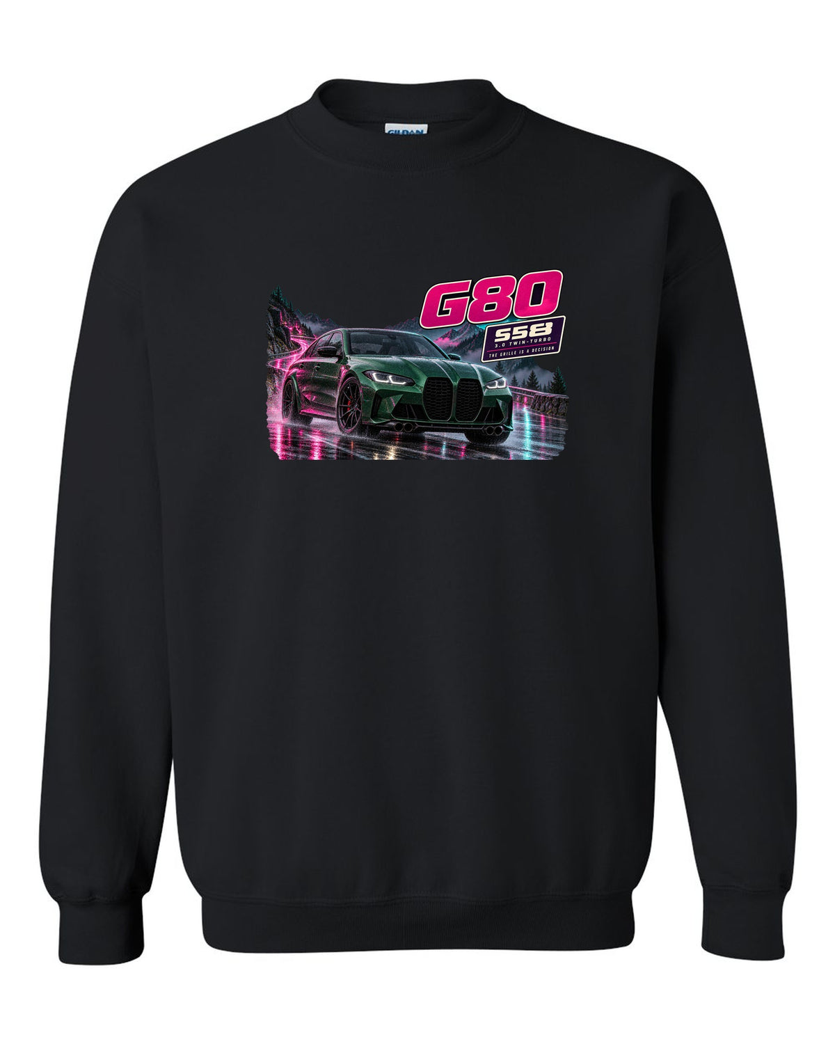 Touge night street print of an Isle of Man green BMW M3 Competition G80 black crewneck front view with the design
