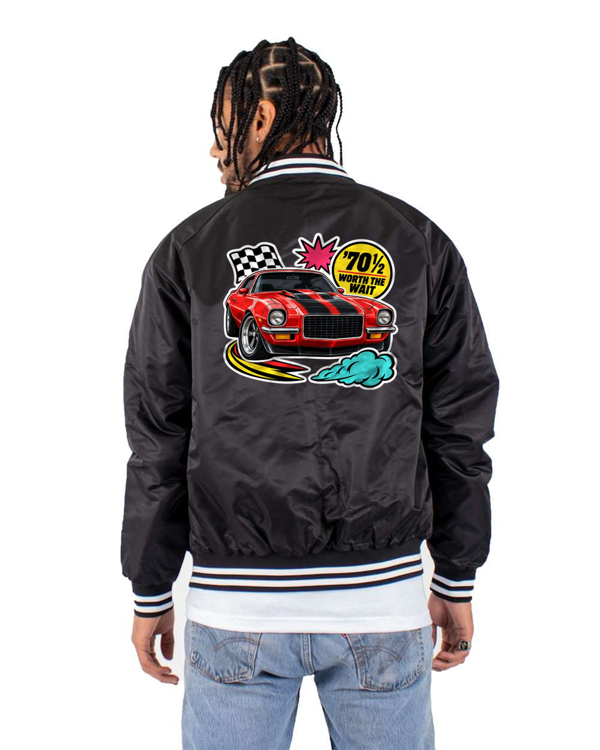 Chevrolet Camaro Z28 1970½ Sticker Bomb Shirt, Worth the Wait Bomber Jacket Black back