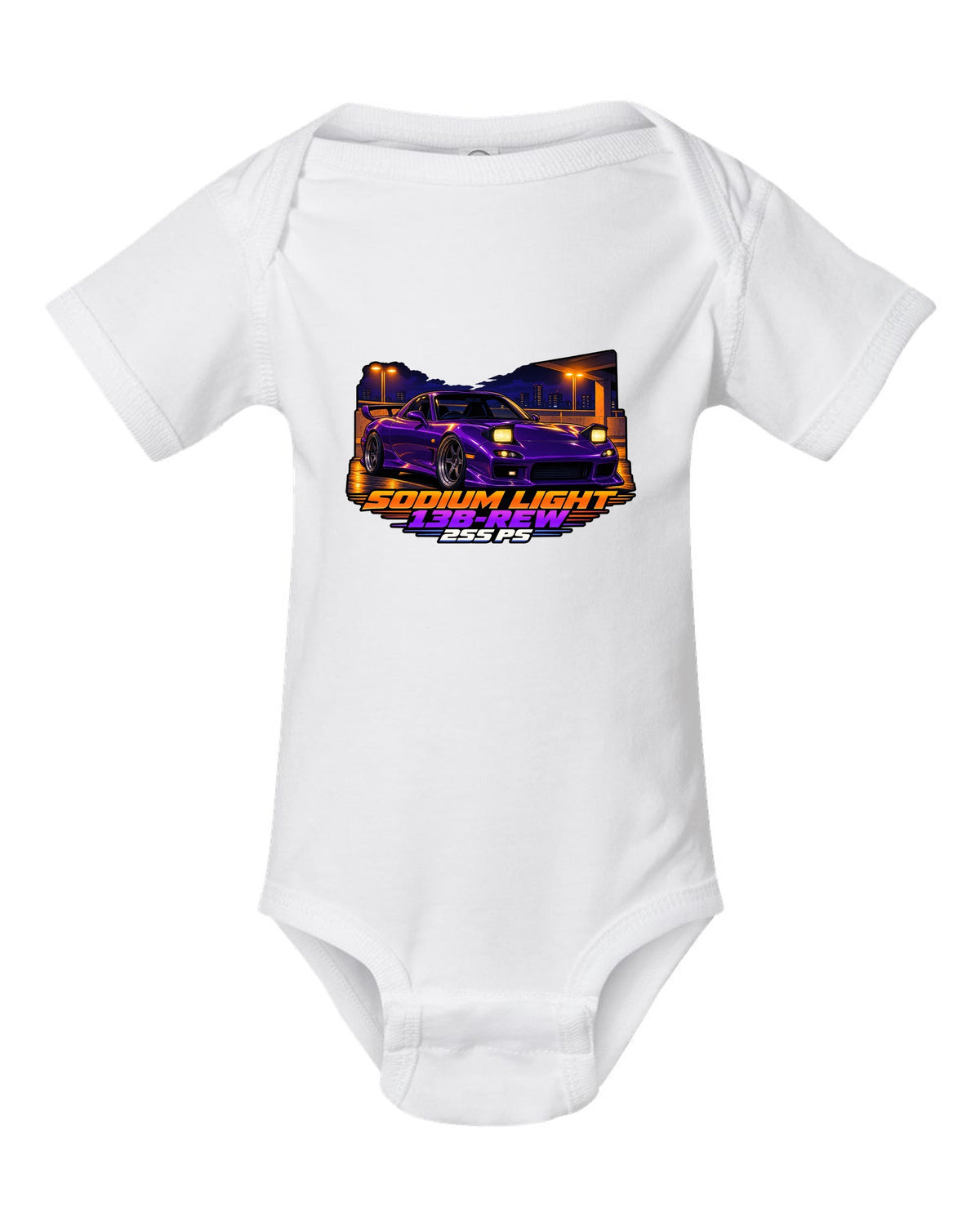 Cel-shaded 90s anime night print of a Mazda RX-7 FD3S with text Sodium Light, 13B-REW, 255 PS white baby onesie front view with the design
