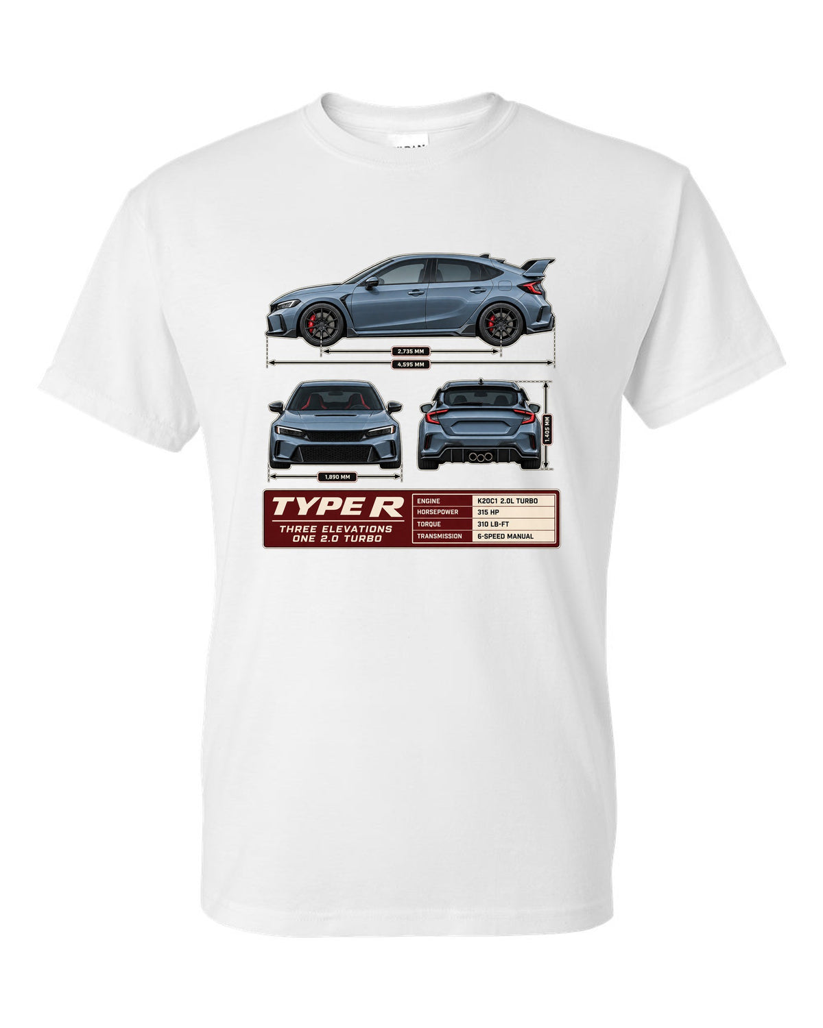 Civic Type R FL5 Three-View Spec Sheet Tee for Car Guys white t-shirt front view with the design