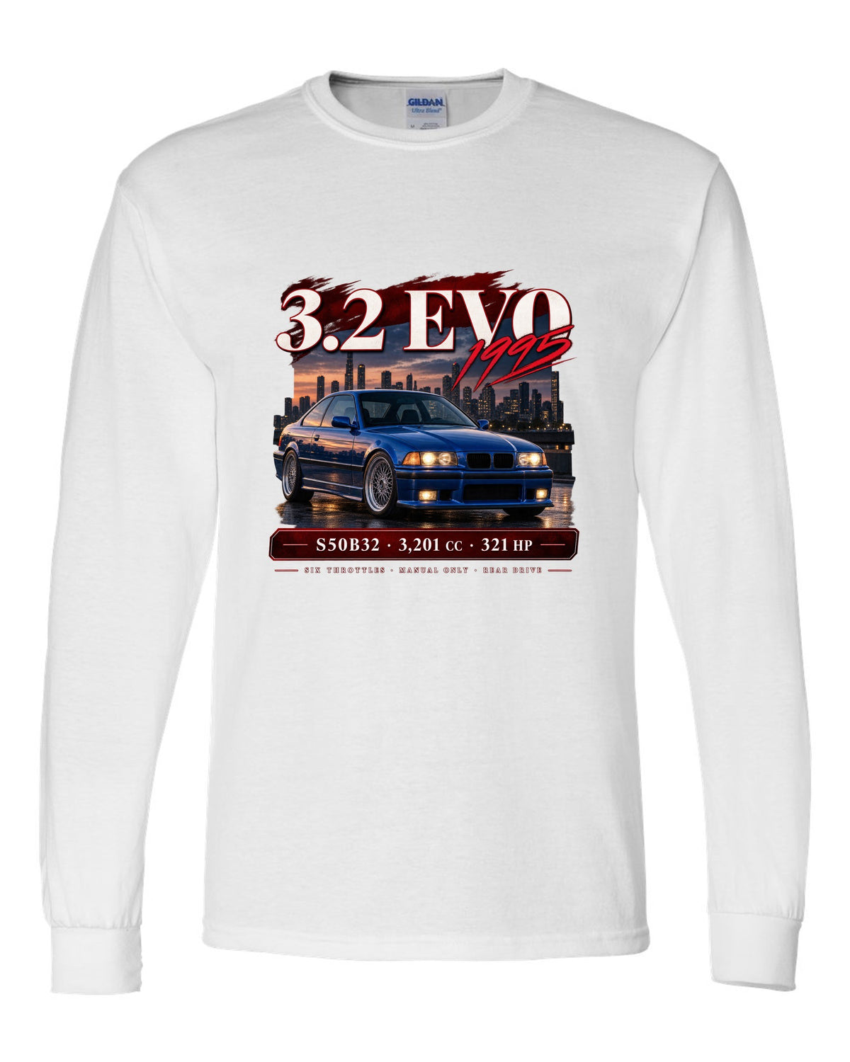 BMW E36 M3 3.2 Evo coupe archive panel print with S50B32 and 321 HP text white long sleeve front view with the design