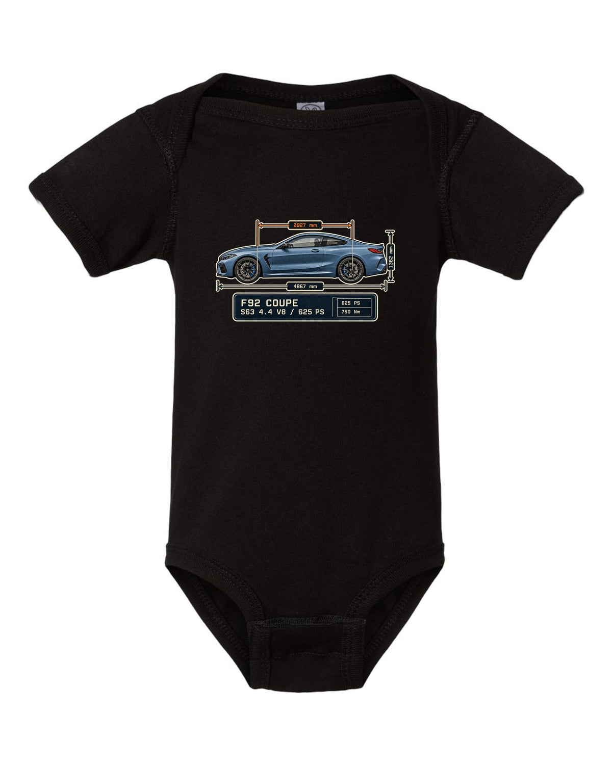 BMW M8 Competition Coupe F92 dimension blueprint print on a tee black baby onesie front view with the design