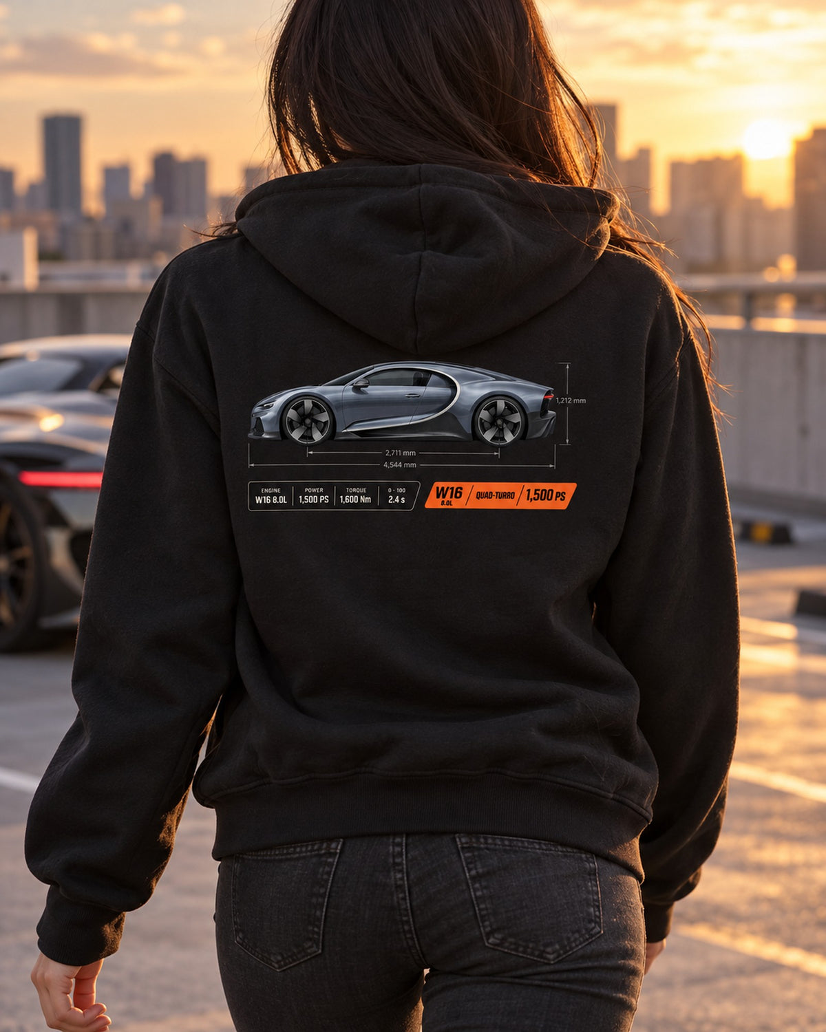 Bugatti Chiron W16 Dimension Blueprint Shirt, 1,500 PS Tee Zip Hoodie Black worn hero