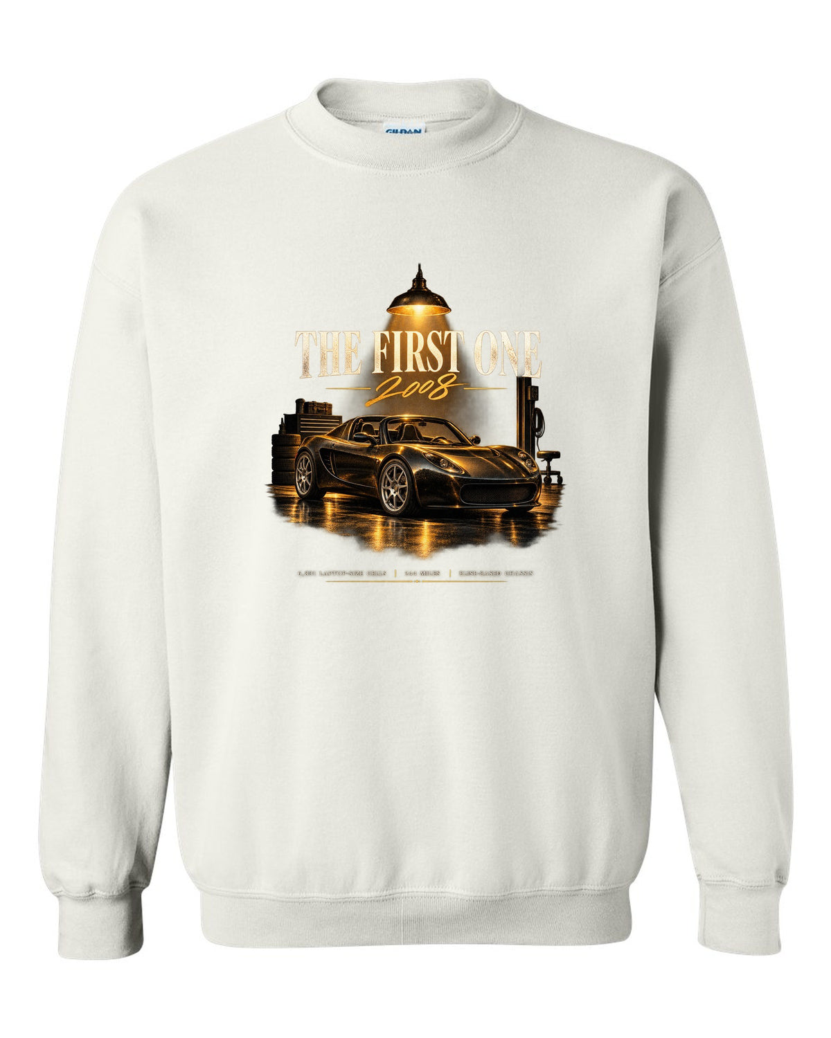 Garage night print of a first generation 2008 Tesla Roadster white crewneck front view with the design
