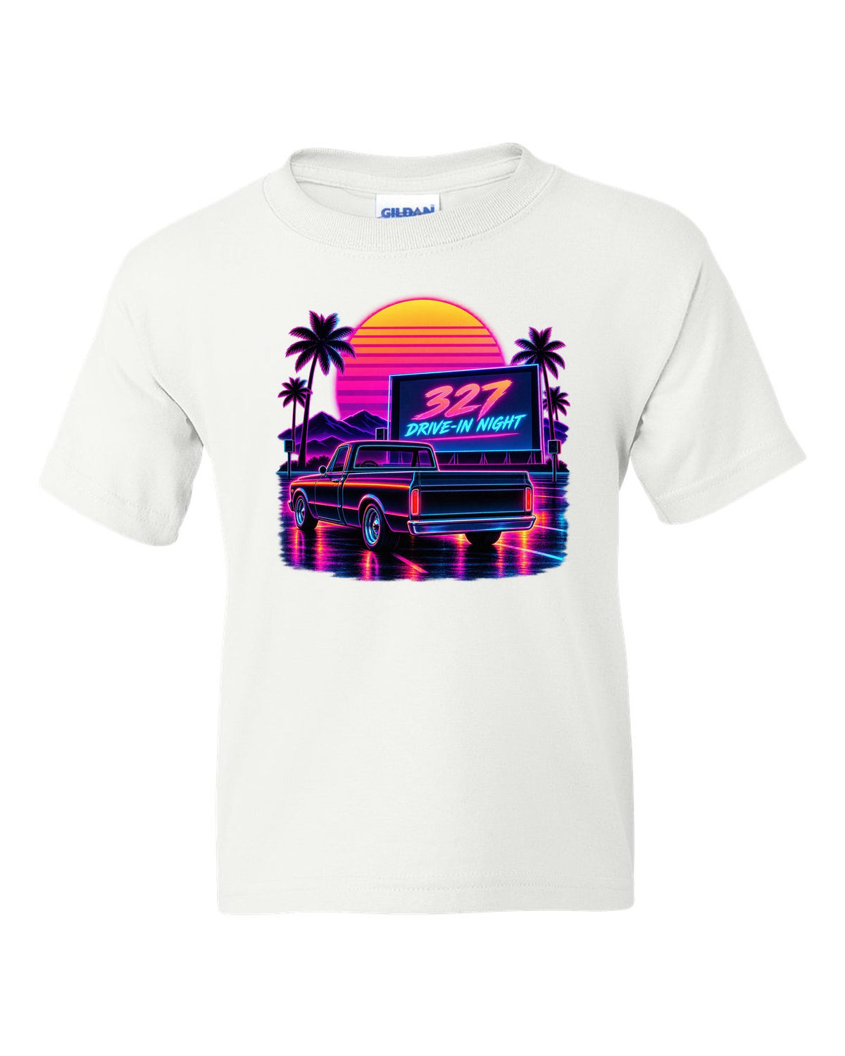 Synthwave outrun print of a 1967-72 Chevrolet C10 Action Line Fleetside at a drive-in with 327 lettering white kids tee front view with the design
