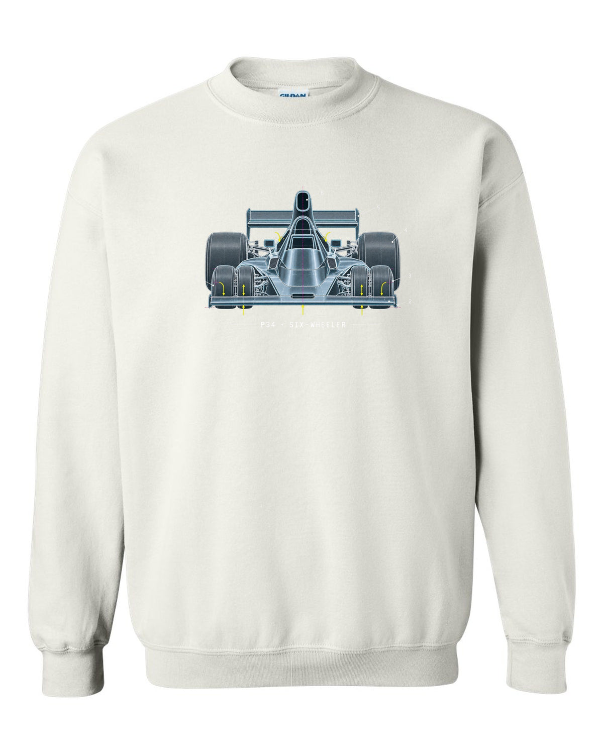 Blueprint patent-style drawing of the Tyrrell P34 six-wheeler white crewneck front view with the design
