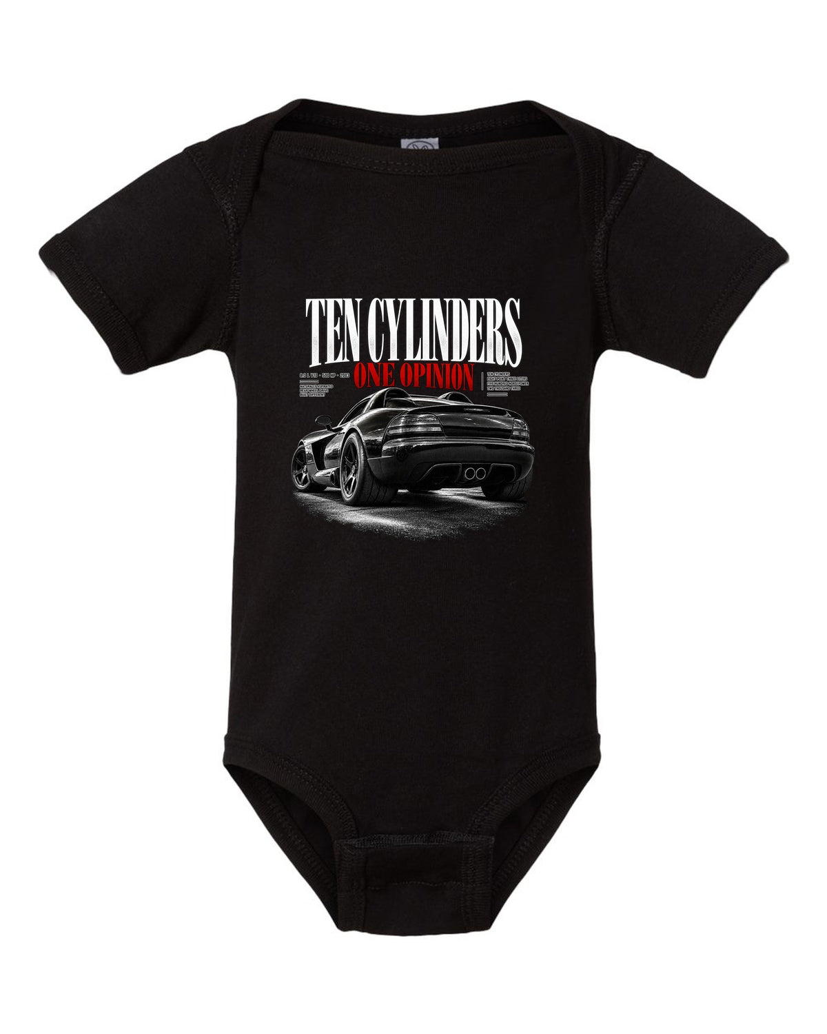2003 Dodge Viper SRT-10 ZB I rear three-quarter editorial headline print black baby onesie front view with the design