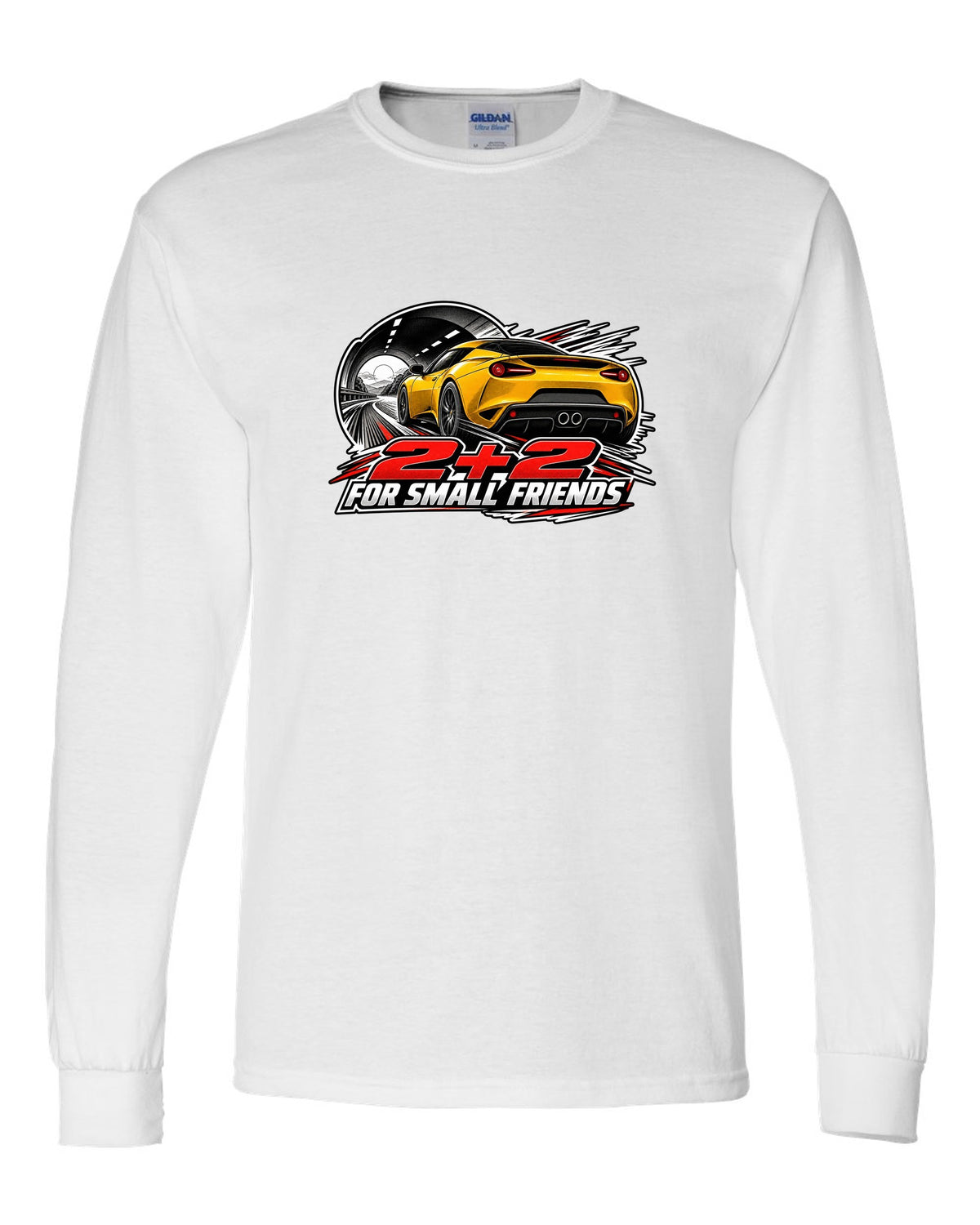 Lotus Evora rear view in retro manga halftone with 2+2 FOR SMALL FRIENDS lettering white long sleeve front view with the design