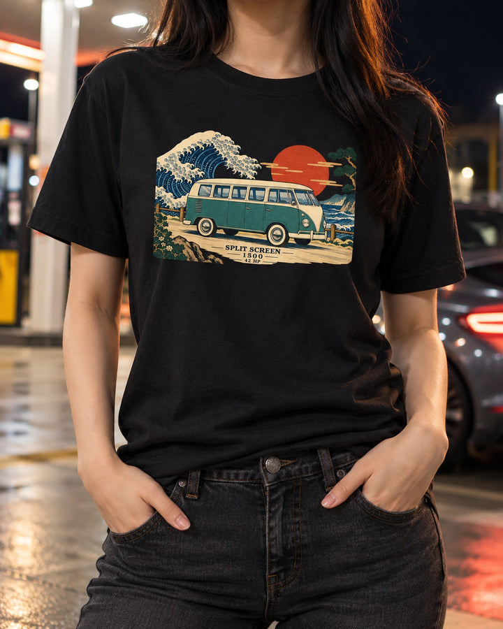 Split Screen VW Bus T1 1963 Woodblock Wave Shirt, 1500 Engine T-Shirt Black worn hero