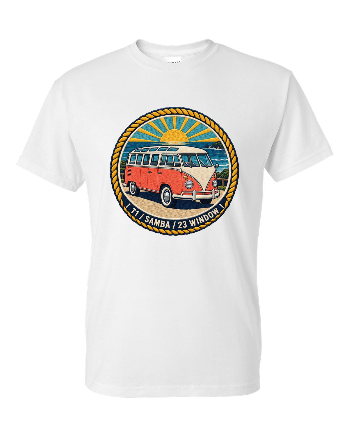 Round crest for the VW Bus T1 Samba 23 window white t-shirt front view with the design