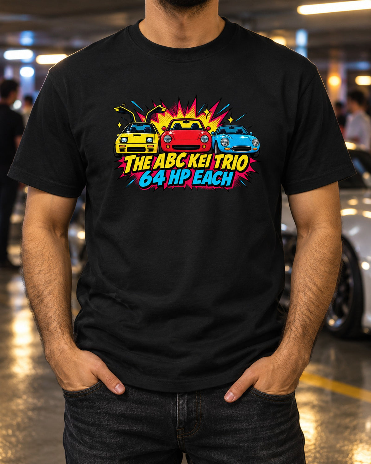 Autozam AZ-1, Honda Beat and Cappuccino Kei Trio Pop Art Shirt T-Shirt Black worn hero