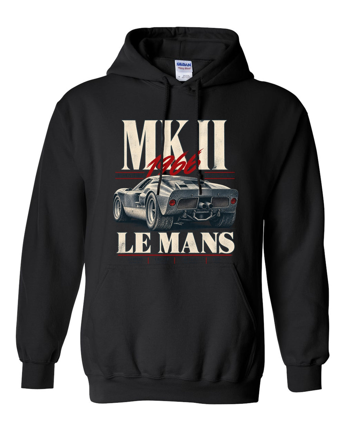 Editorial print of a 1966 Ford GT40 Mk II rear three-quarter view with Le Mans distance black pull over hoodie front view with the design