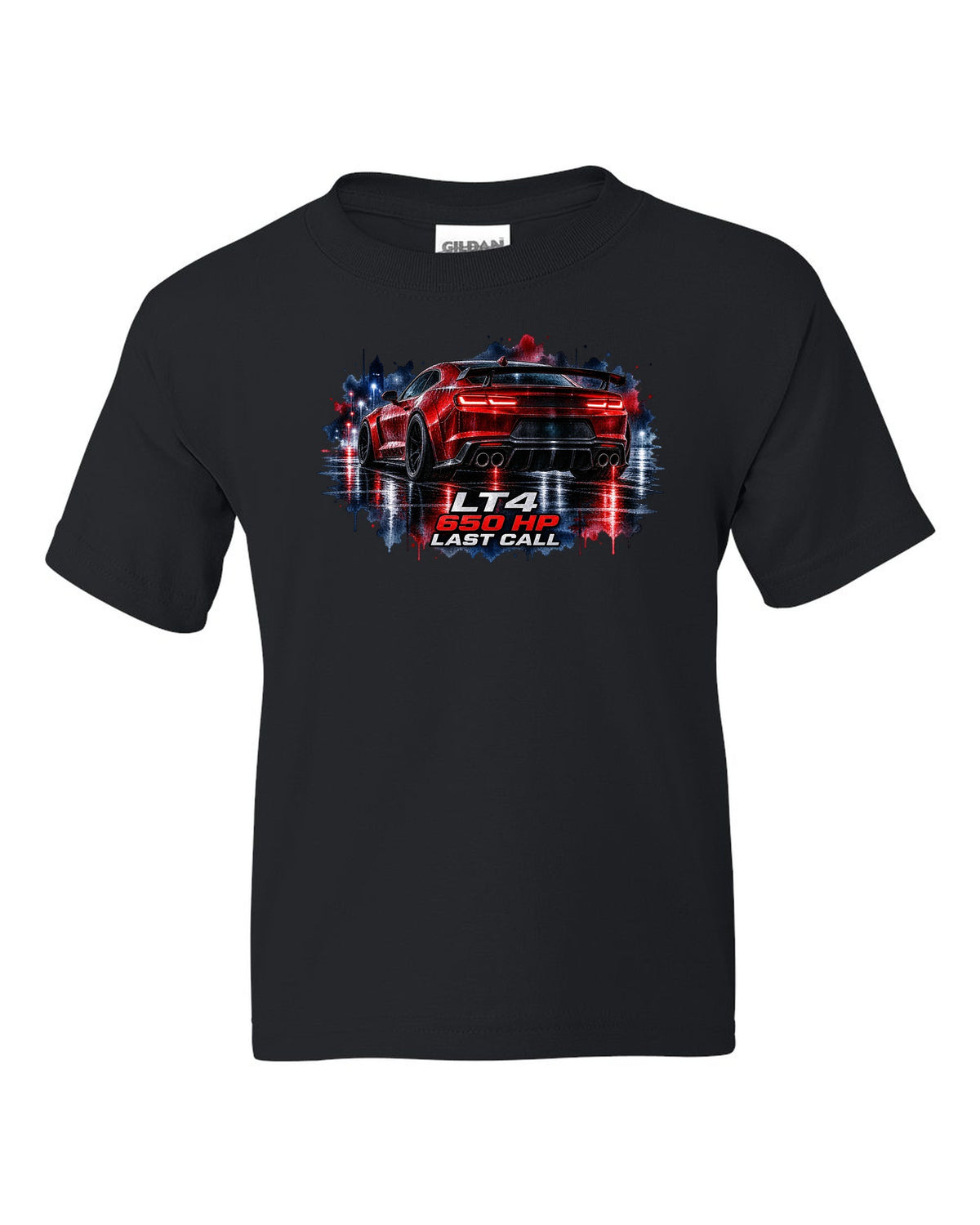 2023 Camaro ZL1 on a wet night road in watercolour style with LT4 650 HP Last Call text black kids tee front view with the design