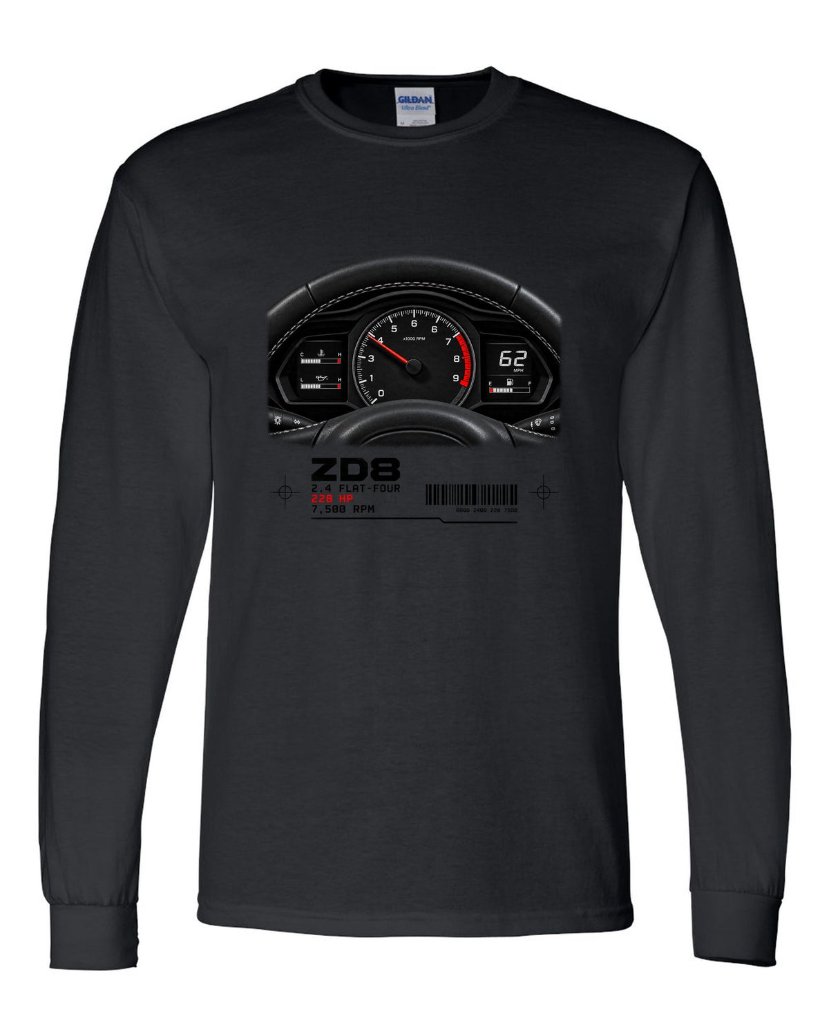 Cockpit gauge cluster print for the Subaru BRZ ZD8 with 2.4 flat-four, 228 HP and 7,500 RPM text black long sleeve front view with the design