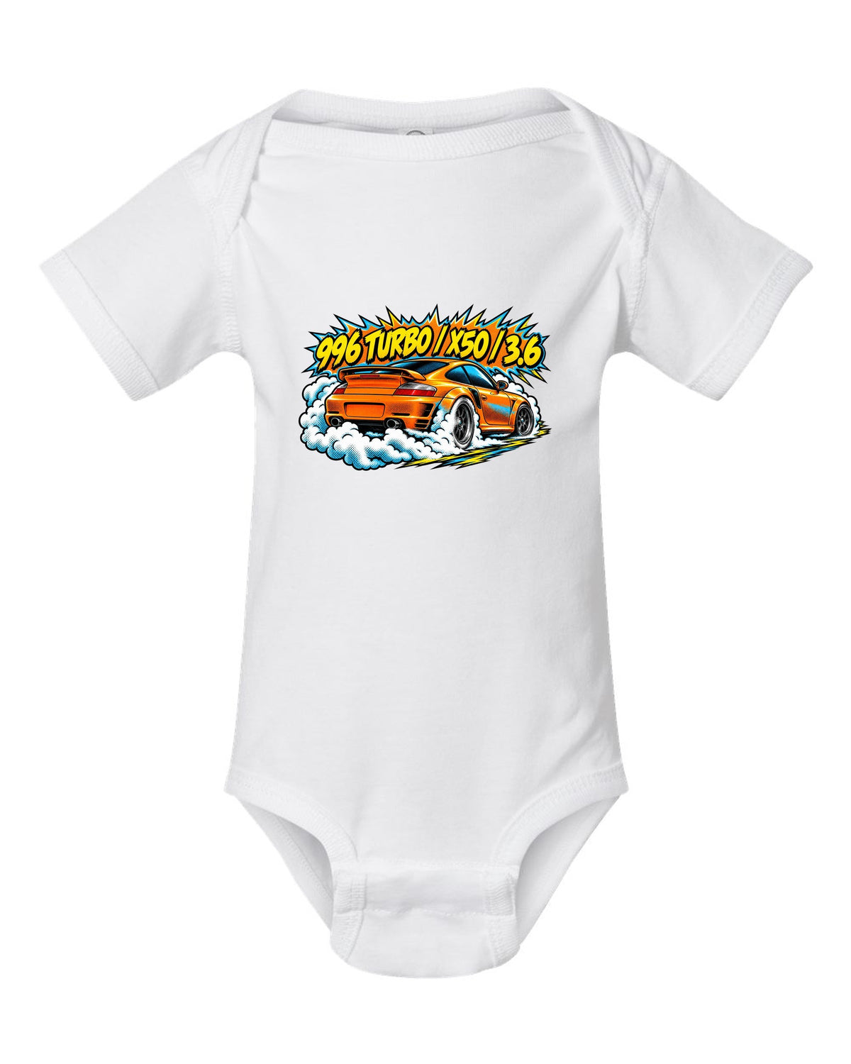 Porsche 996 Turbo comic halftone burnout burst design with X50 lettering white baby onesie front view with the design