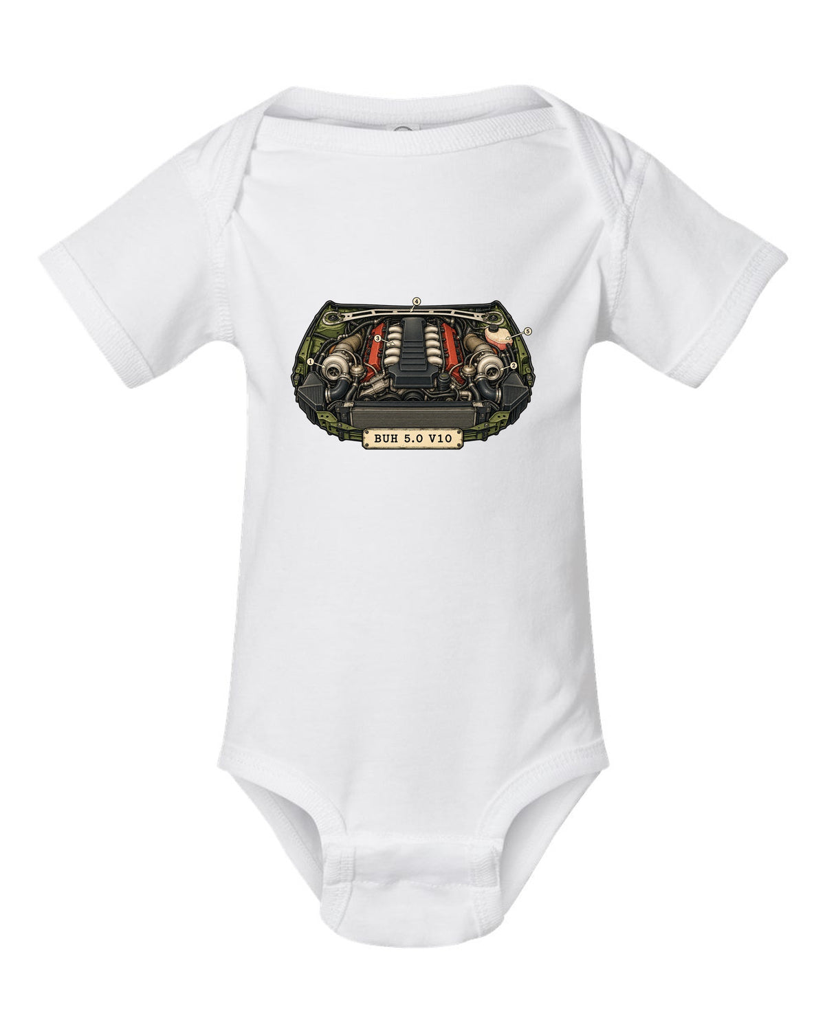 Vintage patent drawing design of the Audi RS6 Avant C6 4F with 5.0 V10 lettering white baby onesie front view with the design