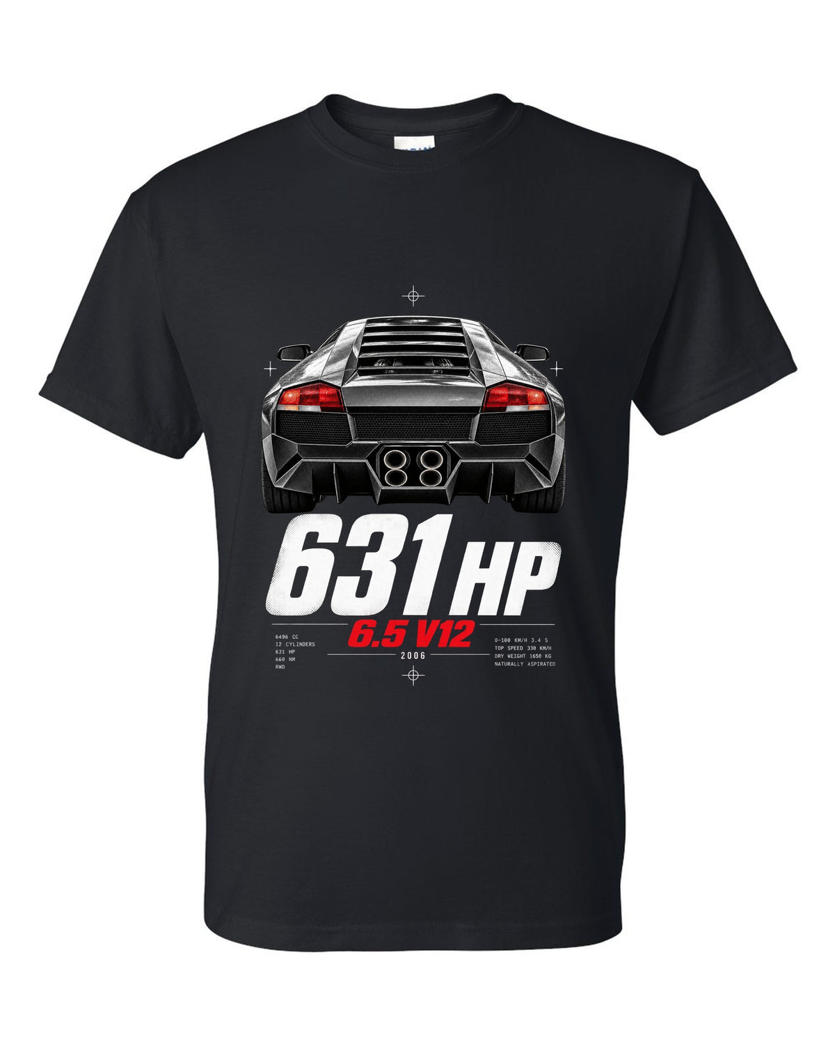 Taillight macro print of a Lamborghini Murcielago LP640 with 631 HP and 6.5 V12 text black t-shirt front view with the design