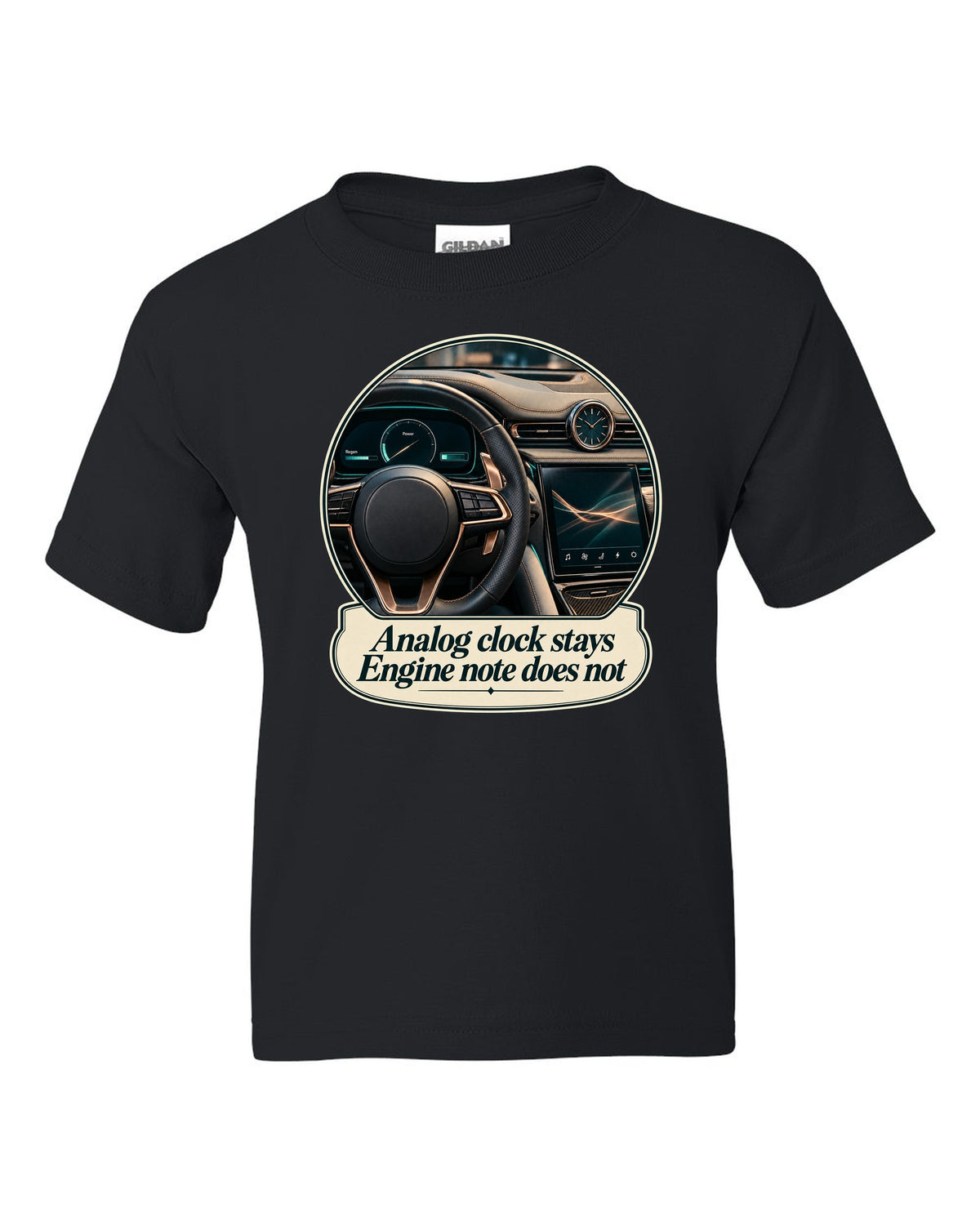 Maserati GranTurismo Folgore cockpit with analog clock, print black kids tee front view with the design