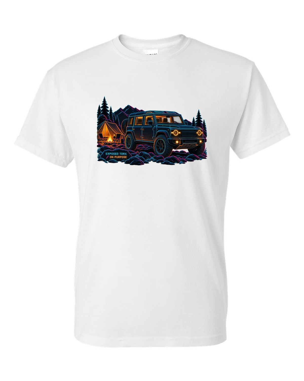 Neon line art print of a Land Rover Defender L663 110 at night camp with Exposed Torx text white t-shirt front view with the design