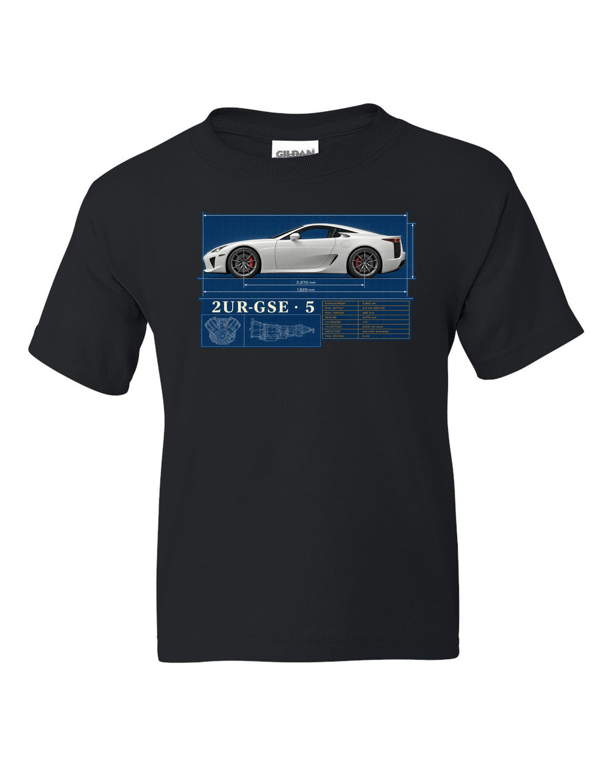 Spec poster of the Lexus LFA10 with power, weight and top speed figures black kids tee front view with the design