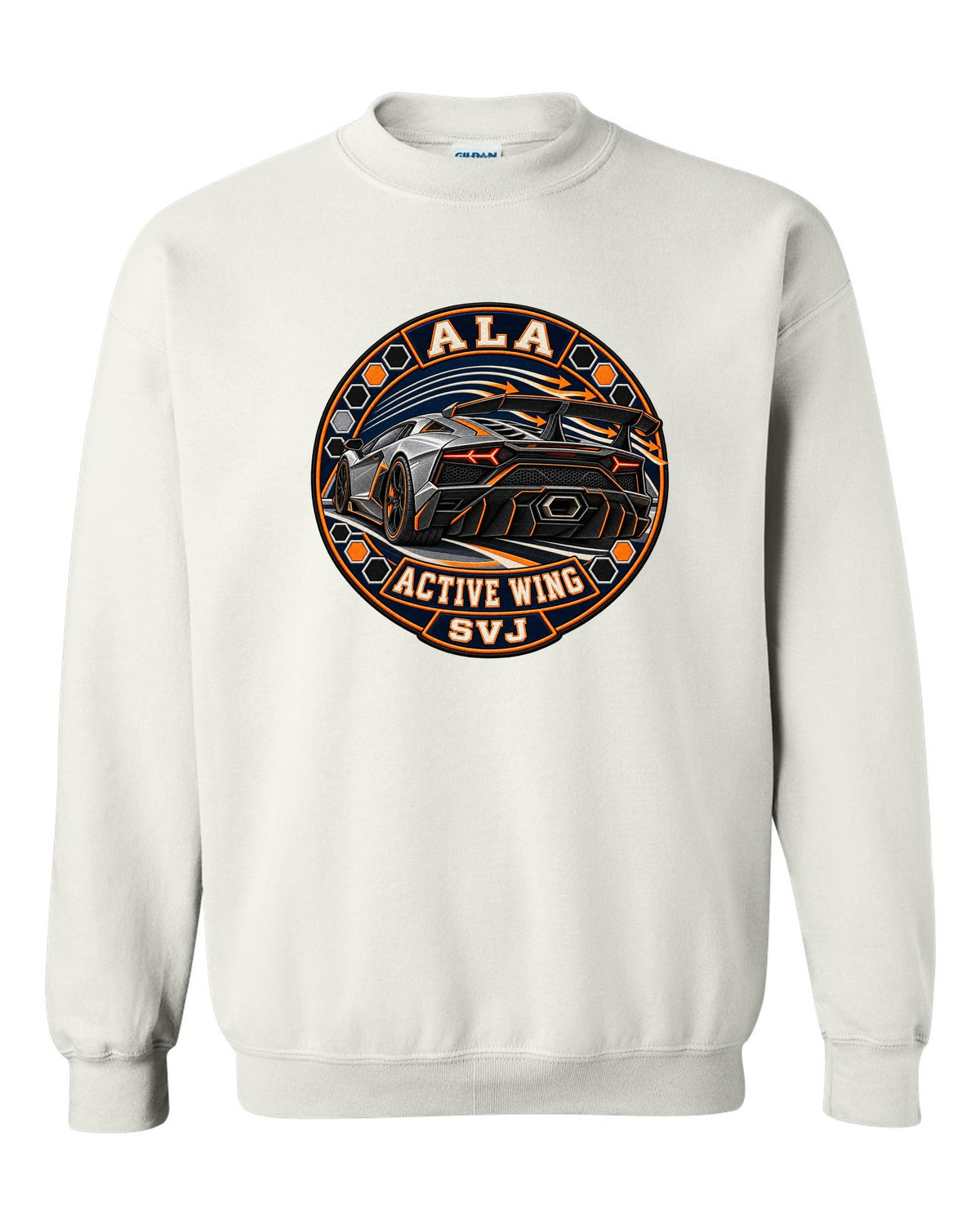 Embroidery-style round crest of a Lamborghini Aventador SVJ LP770-4 with text ALA / ACTIVE WING / SVJ white crewneck front view with the design
