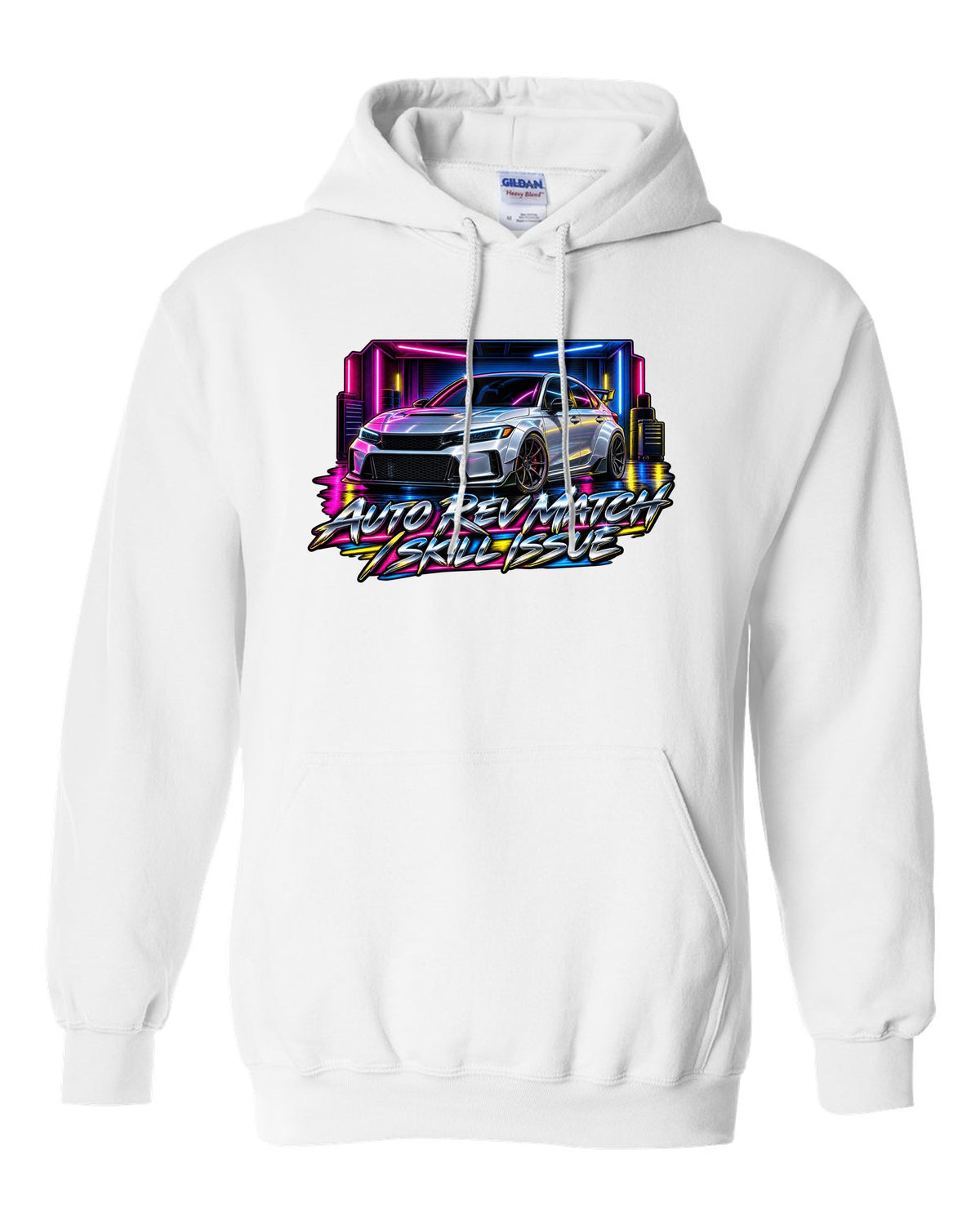 80s airbrush poster style print of a 2023 Honda Civic FL5 ch with auto rev match text white pull over hoodie front view with the design
