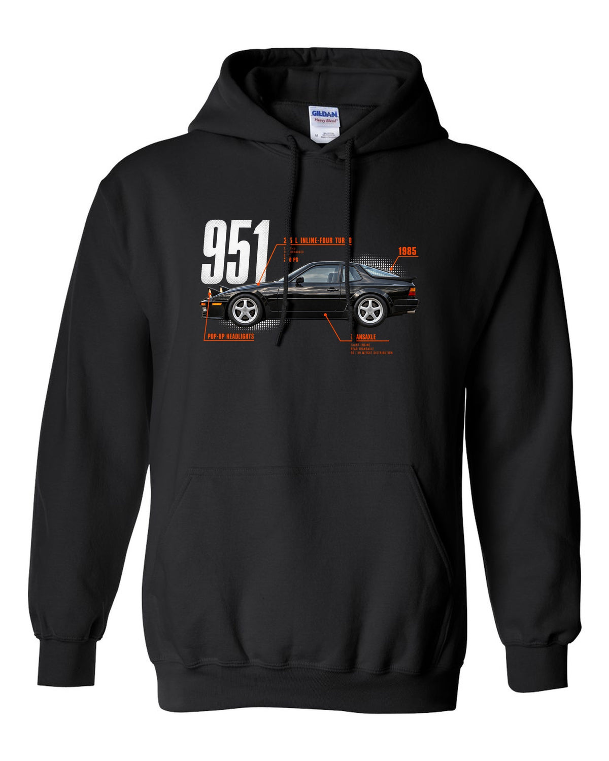 Spec poster print of a Porsche 944 Turbo 951 with 2.5 L turbo four, transaxle and pop-up headlights lettering black pull over hoodie front view with the design