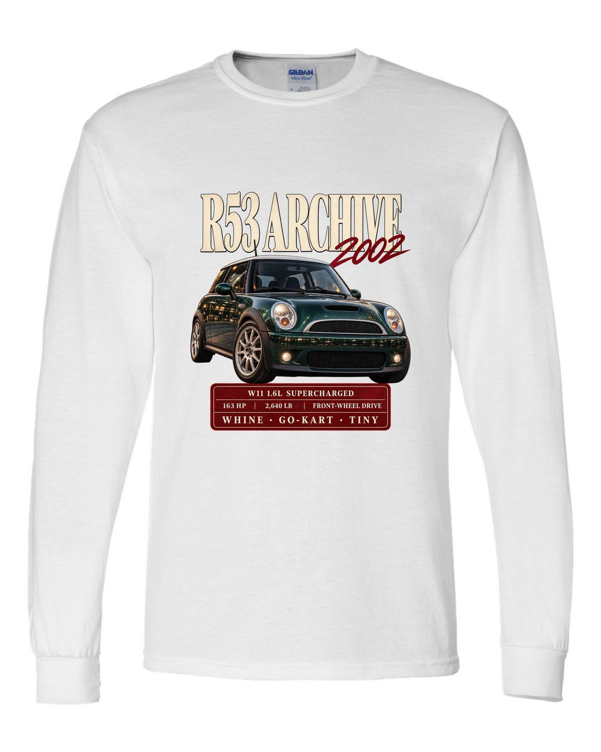 Mini Cooper S R53 archive panel with W11 supercharged engine specs white long sleeve front view with the design