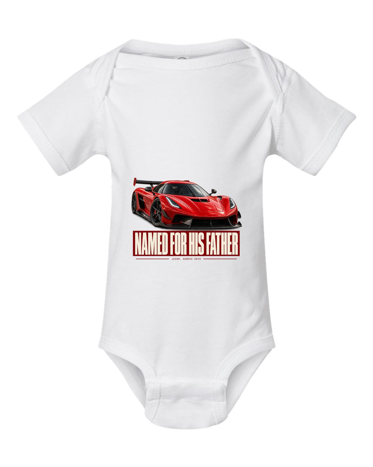 Editorial headline poster of a Koenigsegg Jesko Attack front three-quarter, print white baby onesie front view with the design