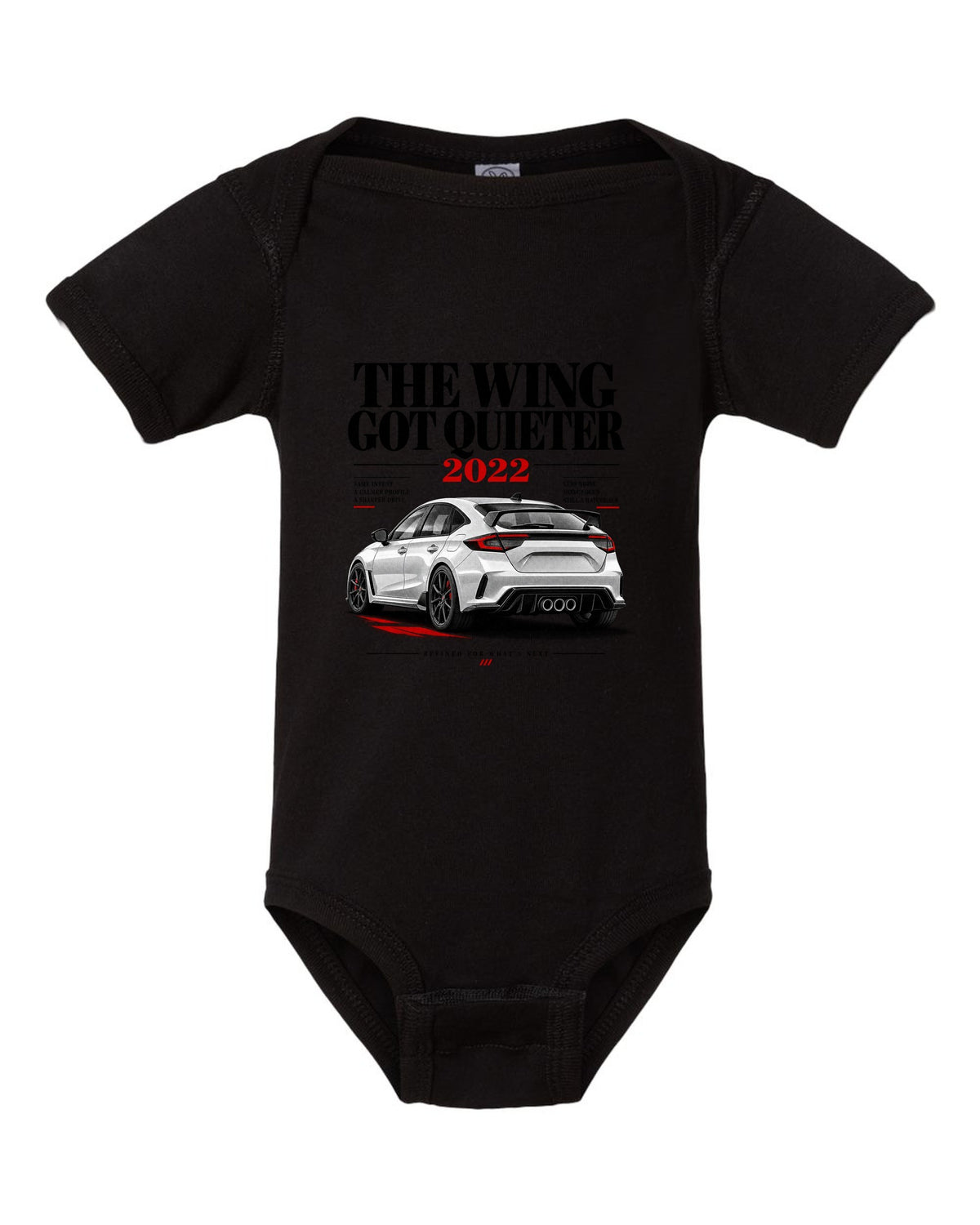 Honda Civic FL5 chback editorial headline design about the quieter rear wing black baby onesie front view with the design