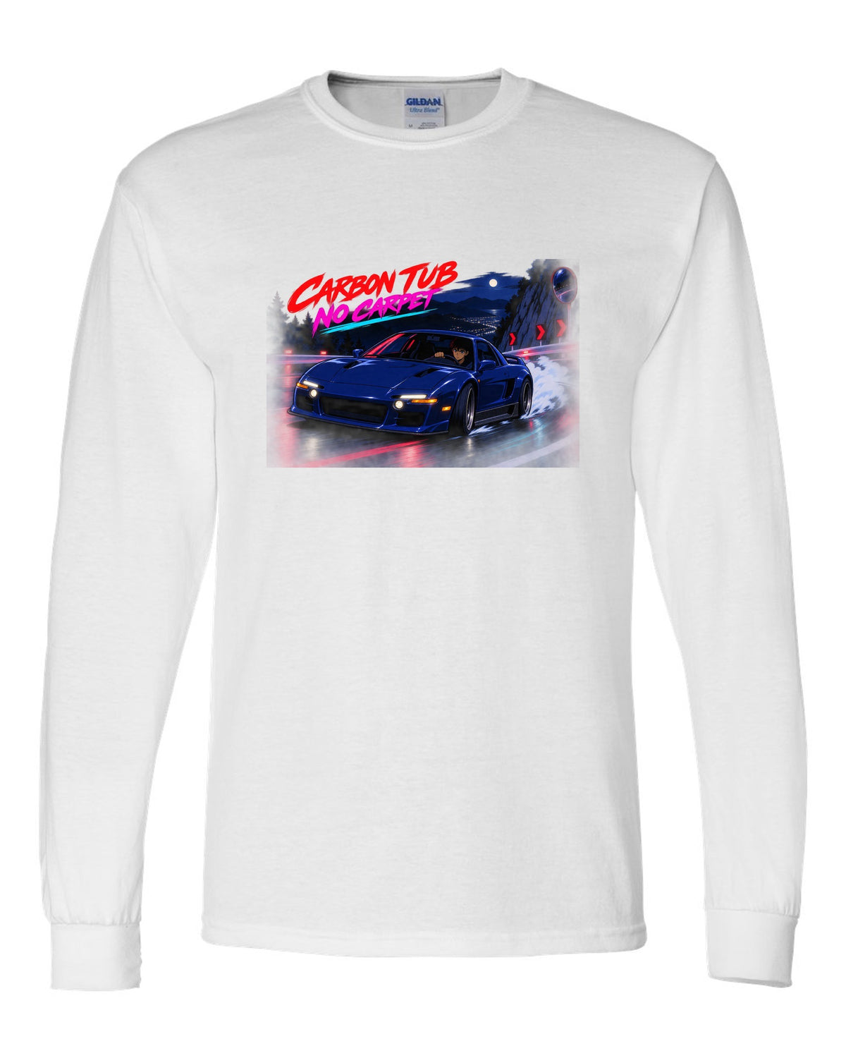 Cel-shaded anime night touge scene with an Alfa Romeo 4C and carbon tub no carpet text white long sleeve front view with the design