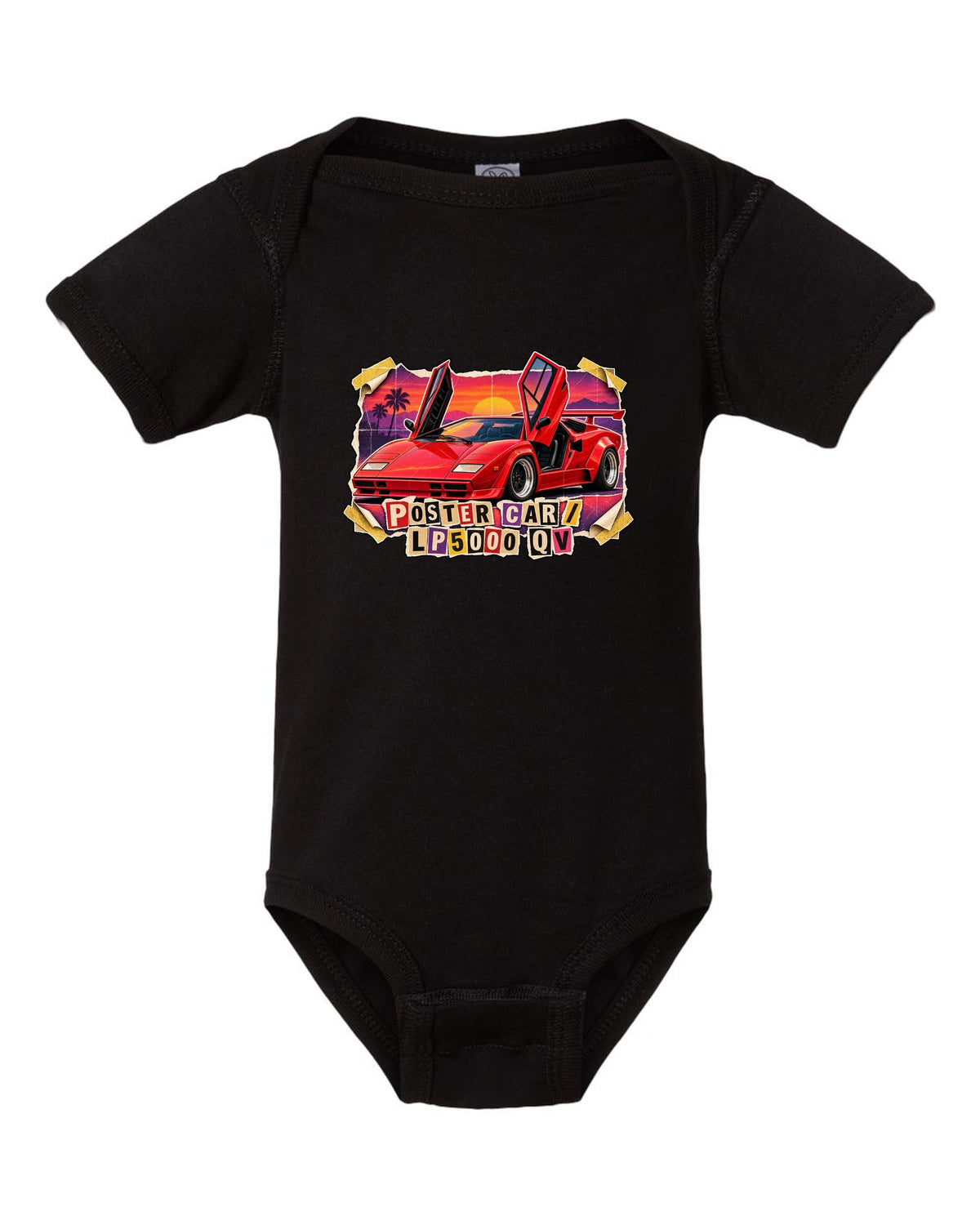 Magazine-cutout collage of a Lamborghini Countach LP5000 QV styled as a pull-out poster car black baby onesie front view with the design