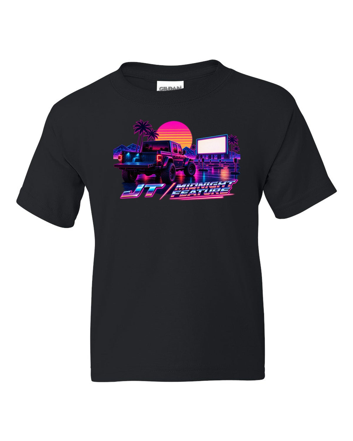 Jeep Gladiator JT synthwave outrun neon grid horizon with JT midnight feature text black kids tee front view with the design